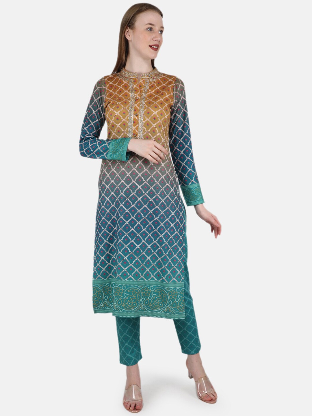 

Monte Carlo Women Blue Ethnic Motifs Printed Kurta with Trousers