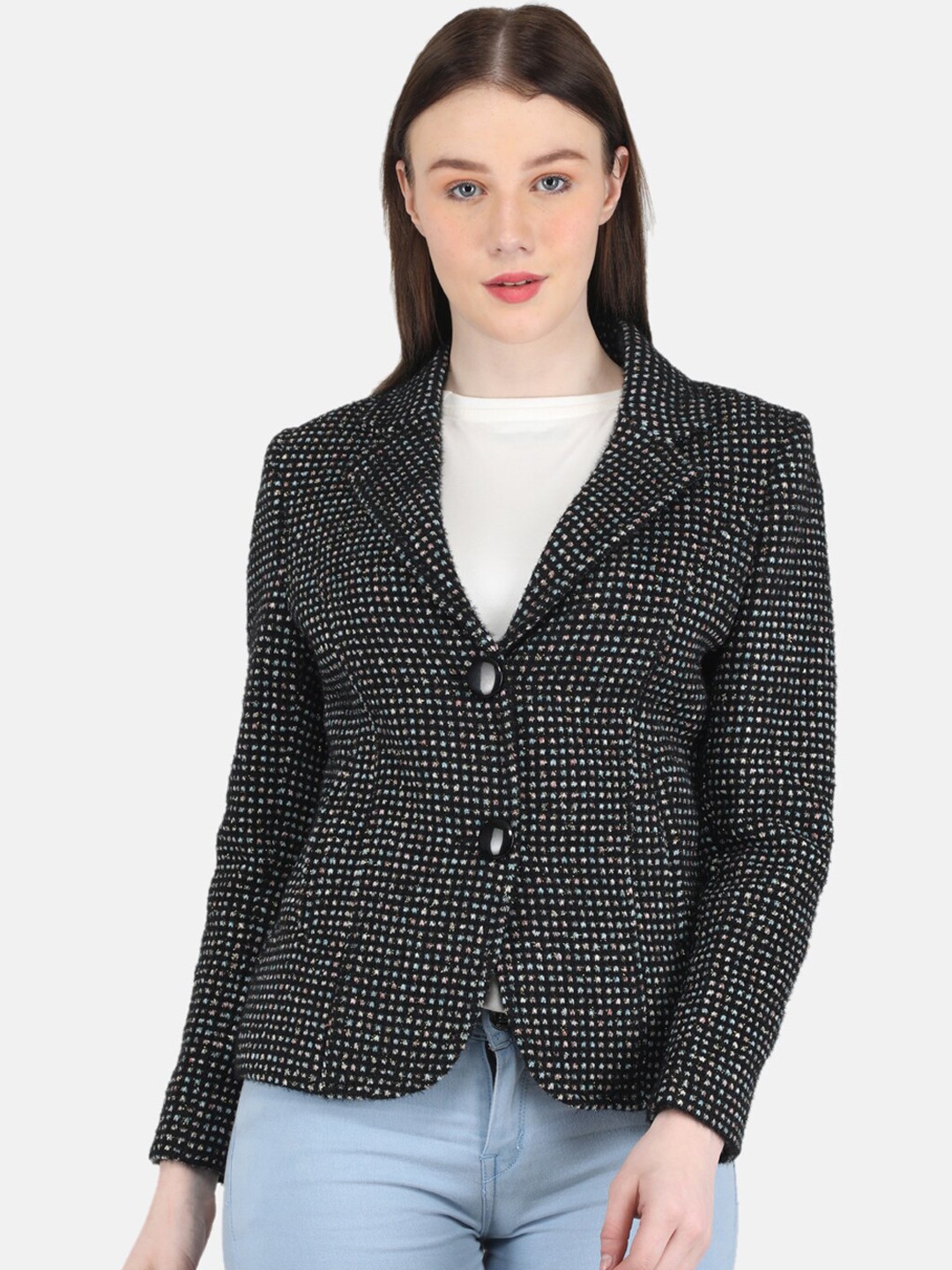 

Monte Carlo Women Self-Design Jacquard Overcoat, Black