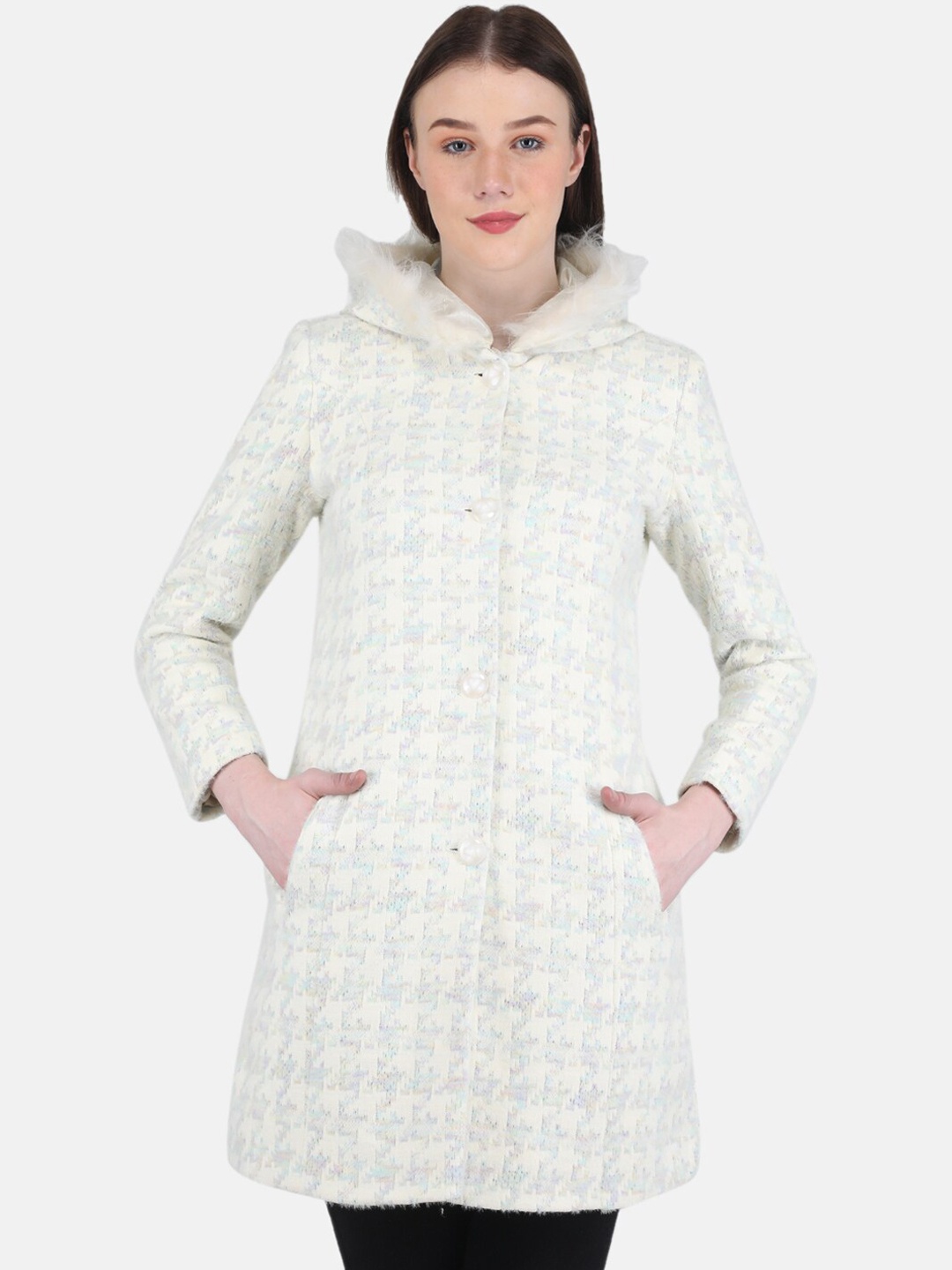 

Monte Carlo Women Houndstooth Printed Single-Breasted Woolen Overcoat, Off white