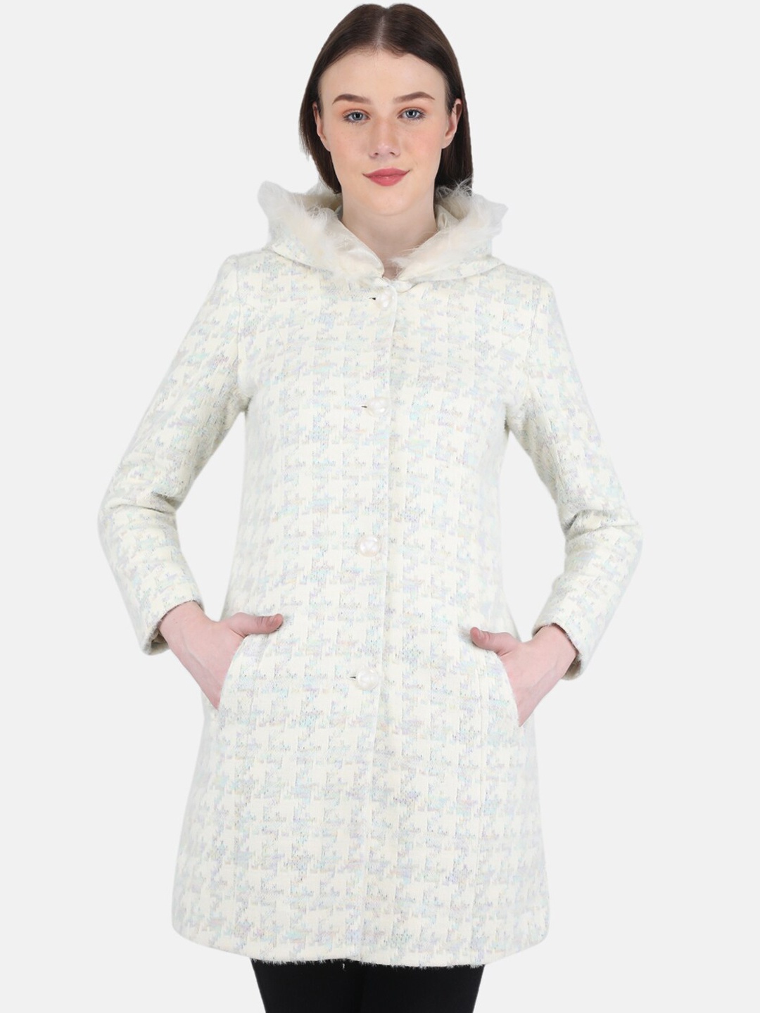 

Monte Carlo Women Houndstooth Printed Woolen Longline Overcoat, Off white