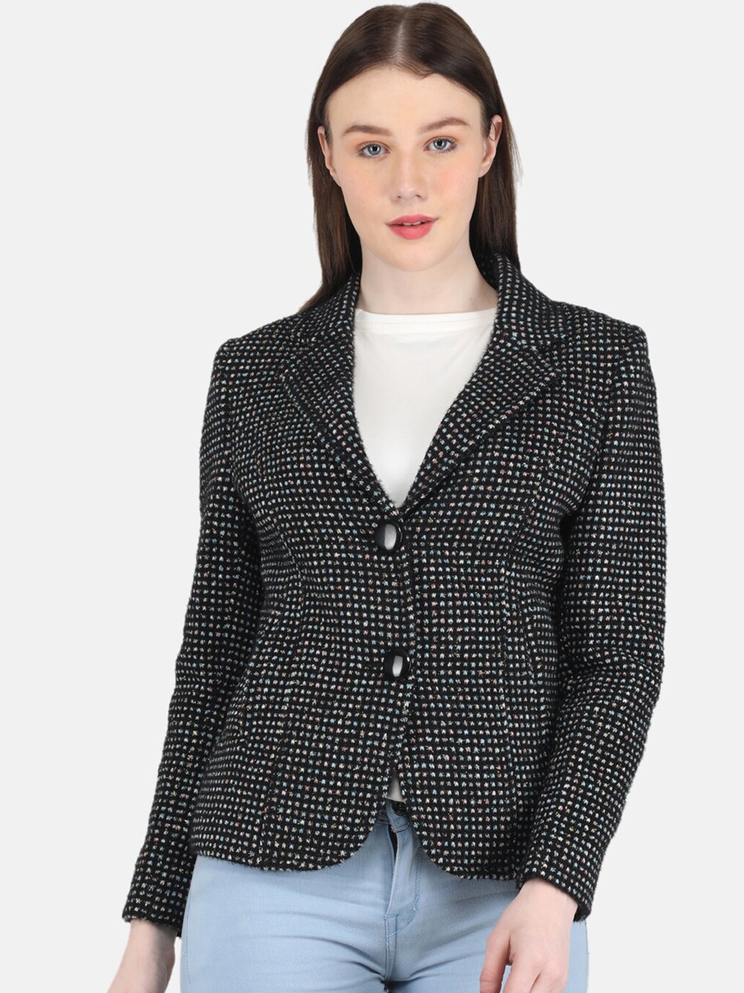 

Monte Carlo Women Self Design Single-Breasted Wool Overcoat, Black