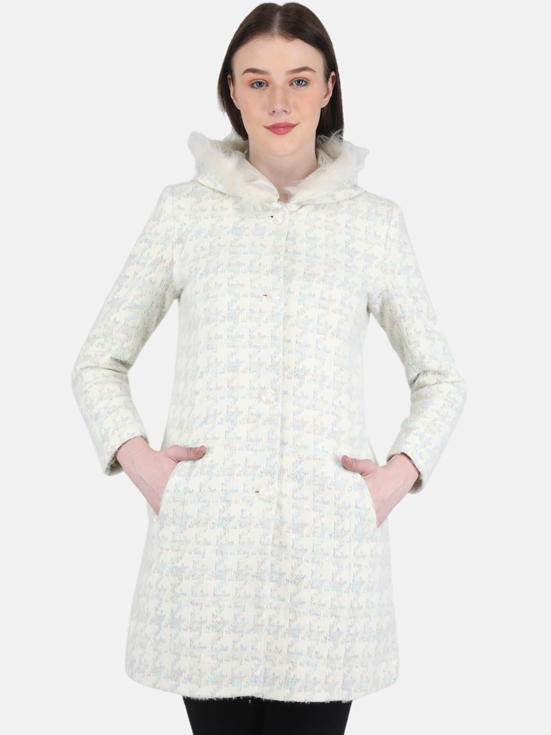 

Monte Carlo Women Printed Wool Longline Parka Coat, Off white