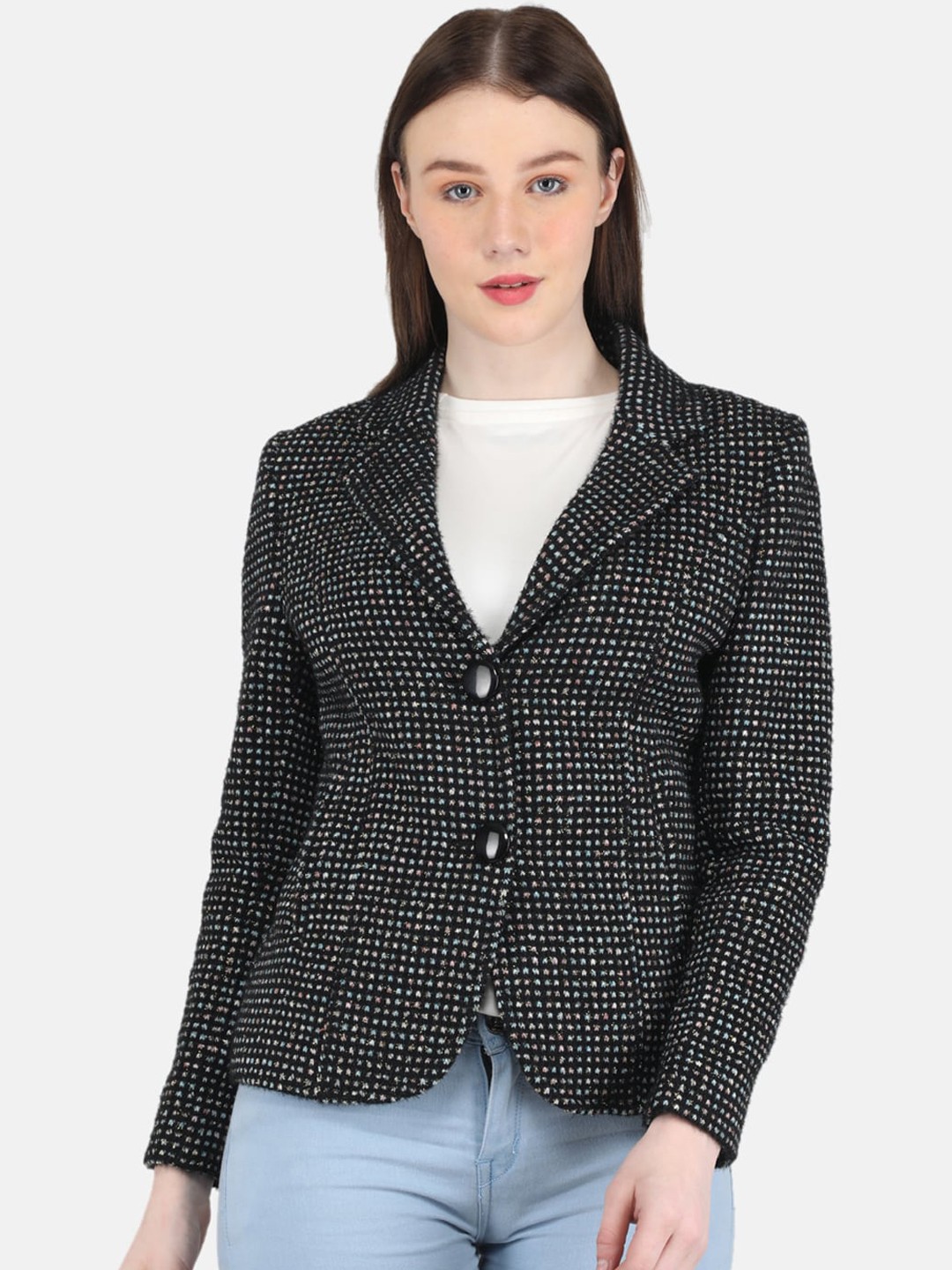 

Monte Carlo Women Self Design Single-Breasted Wool Overcoat, Black