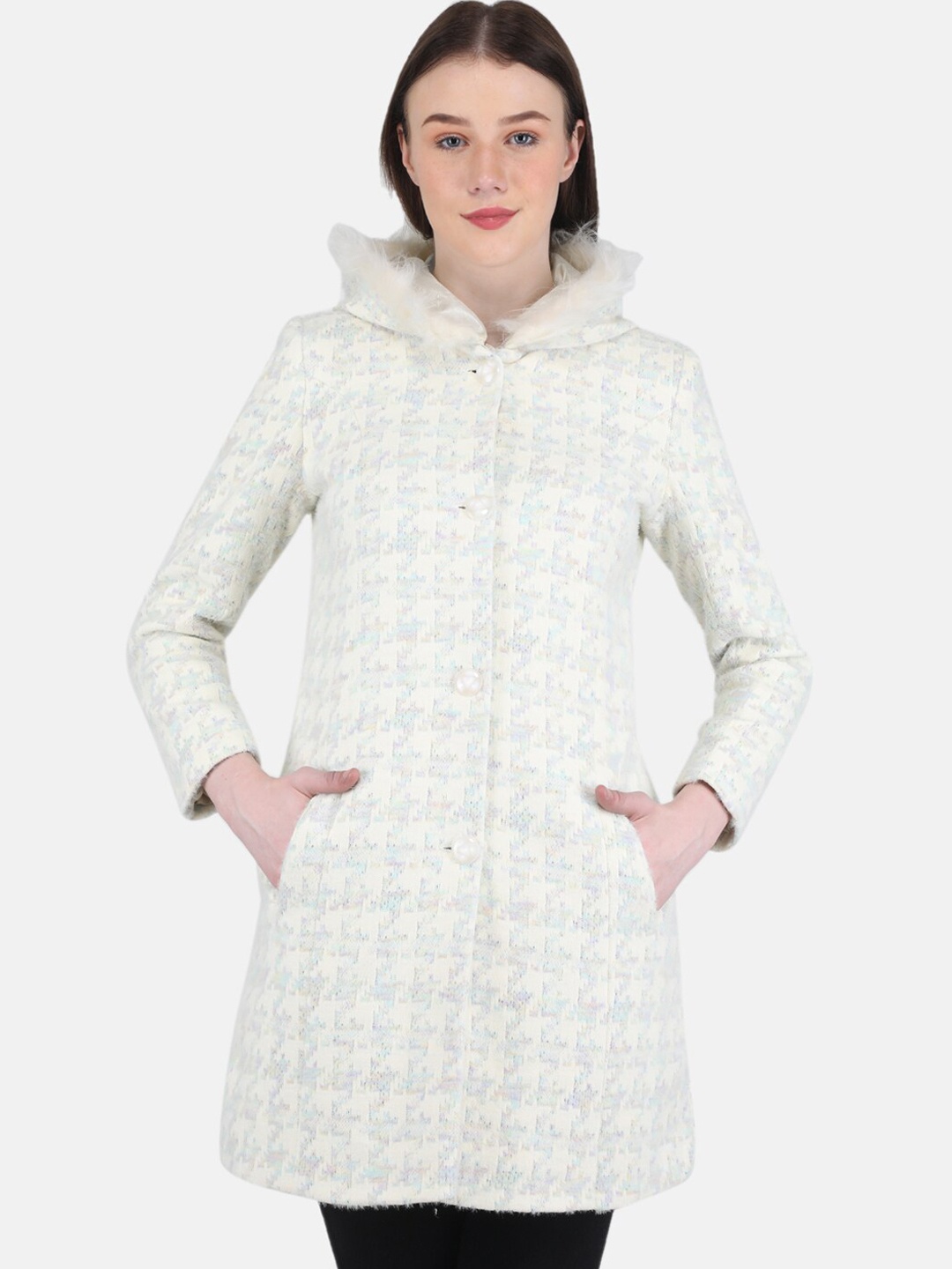 

Monte Carlo Women Printed Wool Longline Parka Coat, Off white