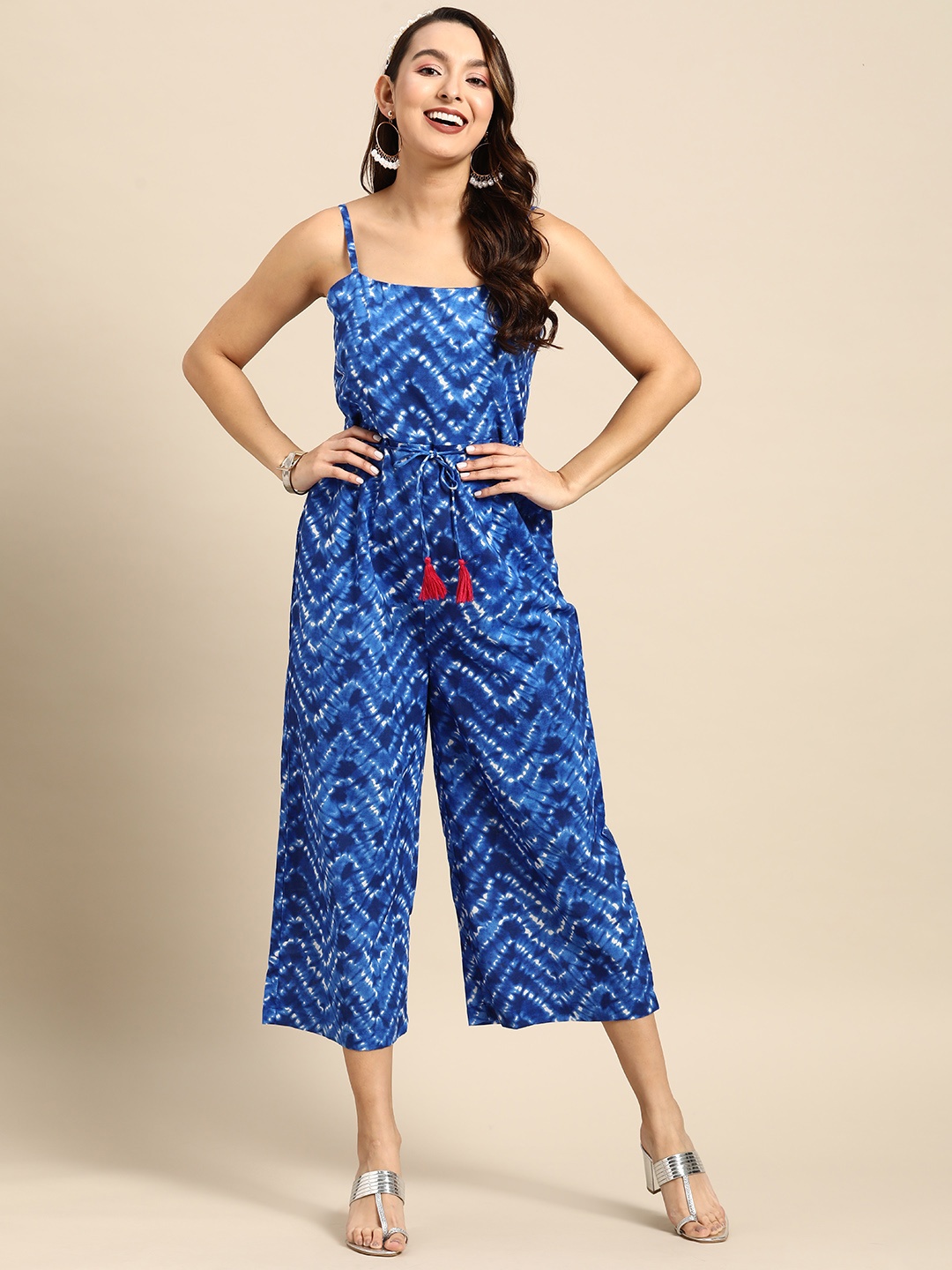 

Sangria Tie & Dye Printed Pure Cotton Culotte Jumpsuit, Blue