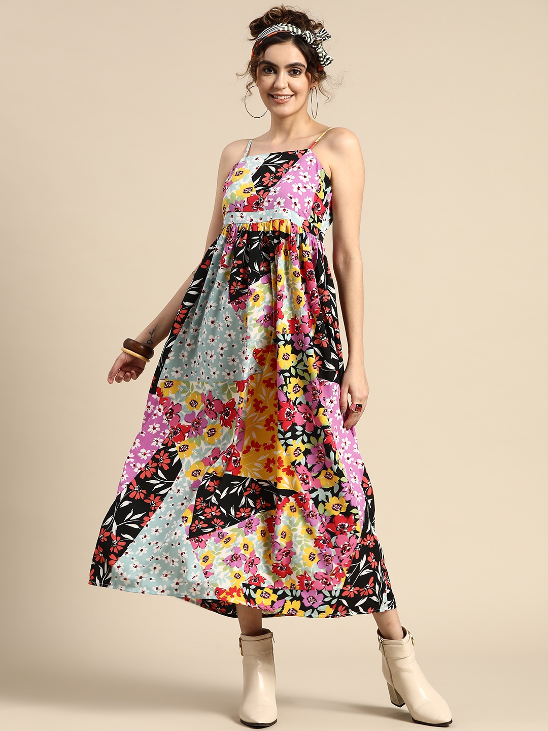 

Sangria Floral Printed Shoulder Straps A-Line Midi Dress, Blue