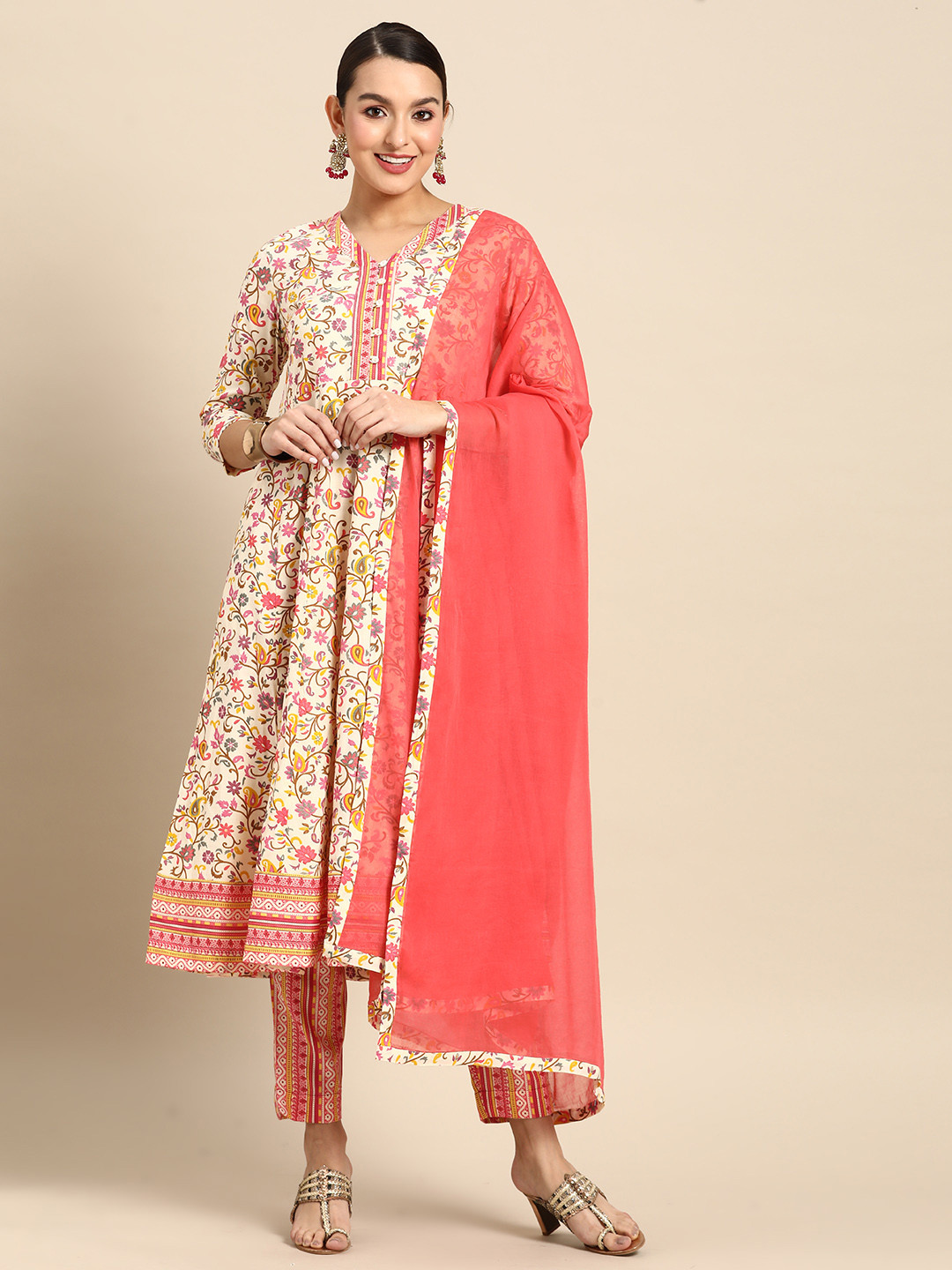 

Sangria Women Ethnic Motifs Printed Kurta & Trousers With Dupatta, Beige
