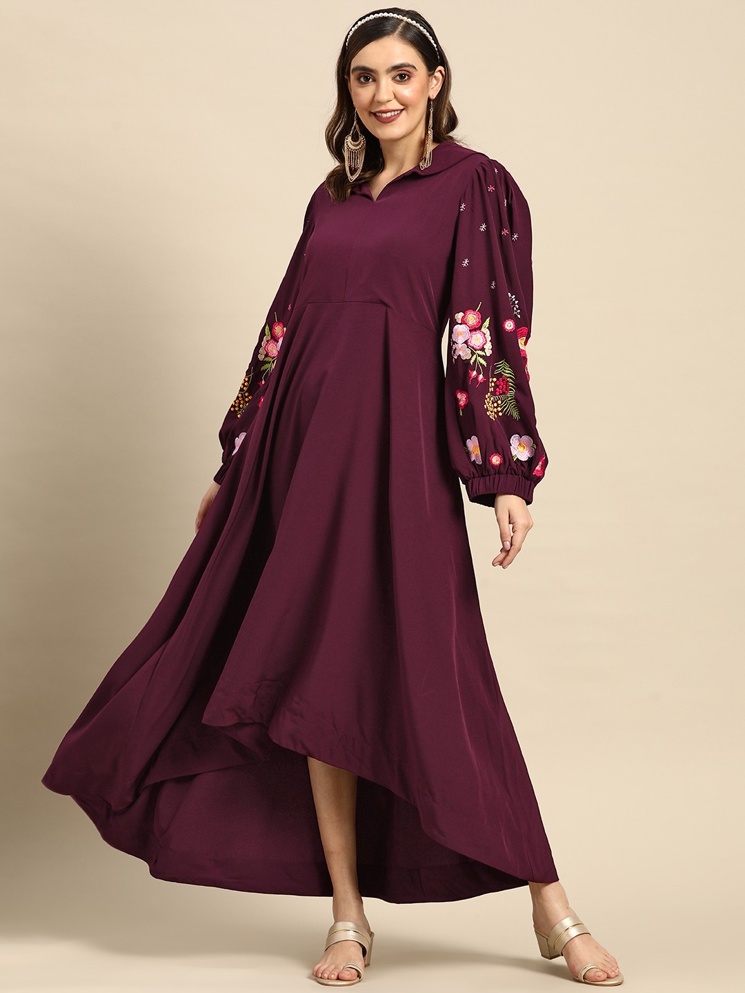 

Sangria Women Embroidered High-Low Puff Sleeve Maxi Dress, Burgundy