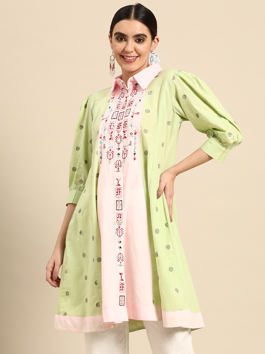 

Sangria Women Embroidered Shirt Collar A-Line Pure Cotton Kurta, Pink