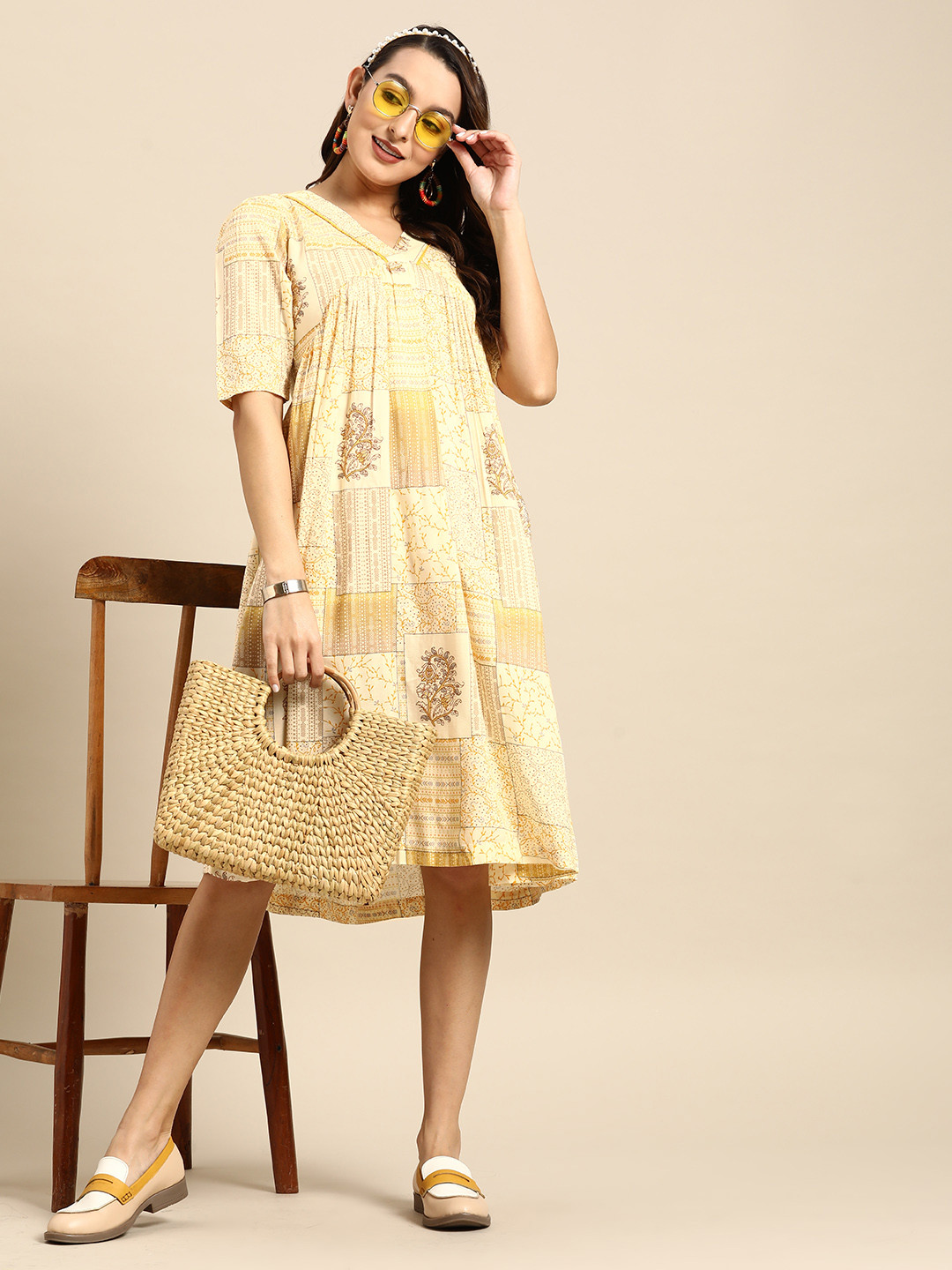

Sangria Printed A-Line Ethnic Dress, Cream