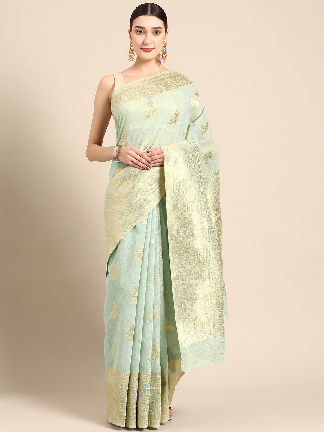 

ZARI Green Floral Zari Pure Linen Saree