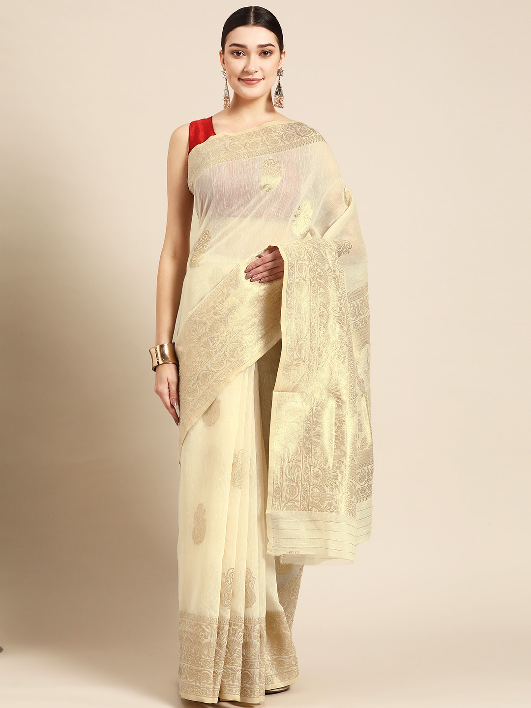 

ZARI Cream-Coloured Woven Design Pure Linen Block Print Saree