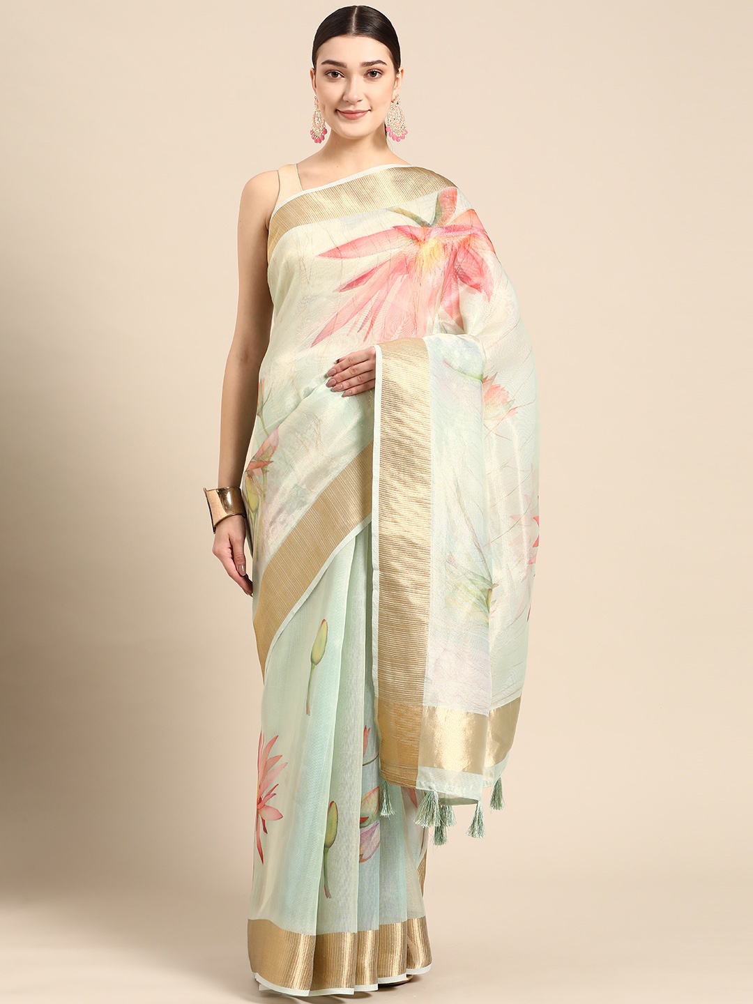 

ZARI Sea Green Floral Zari Organza Saree