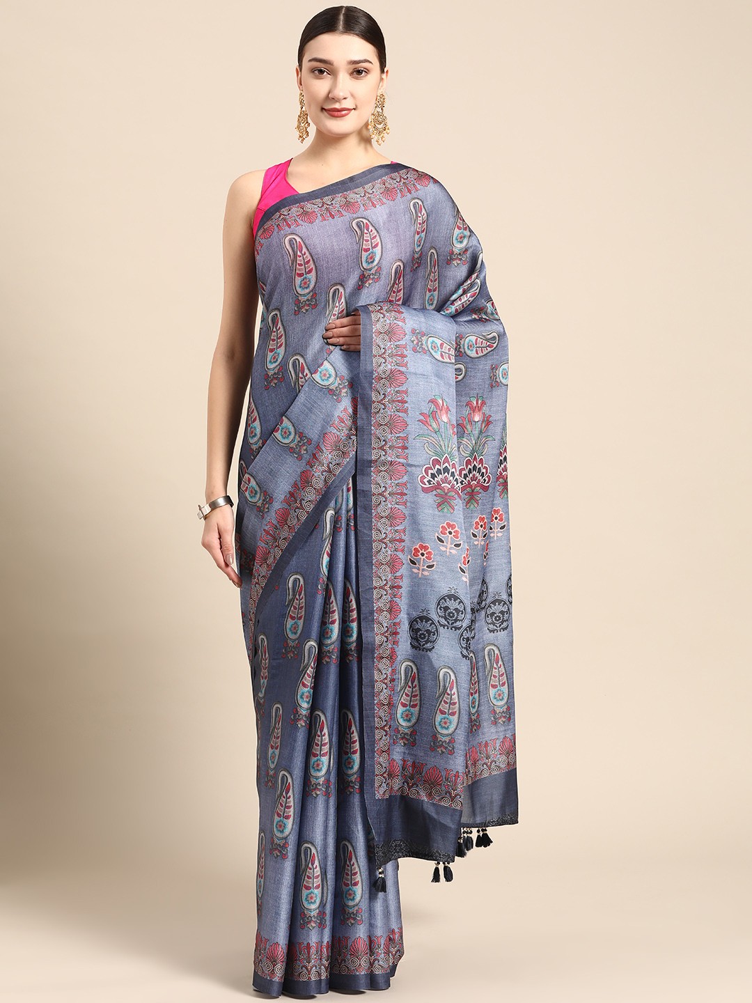 

ZARI Grey Paisley Pure Silk Block Print Saree