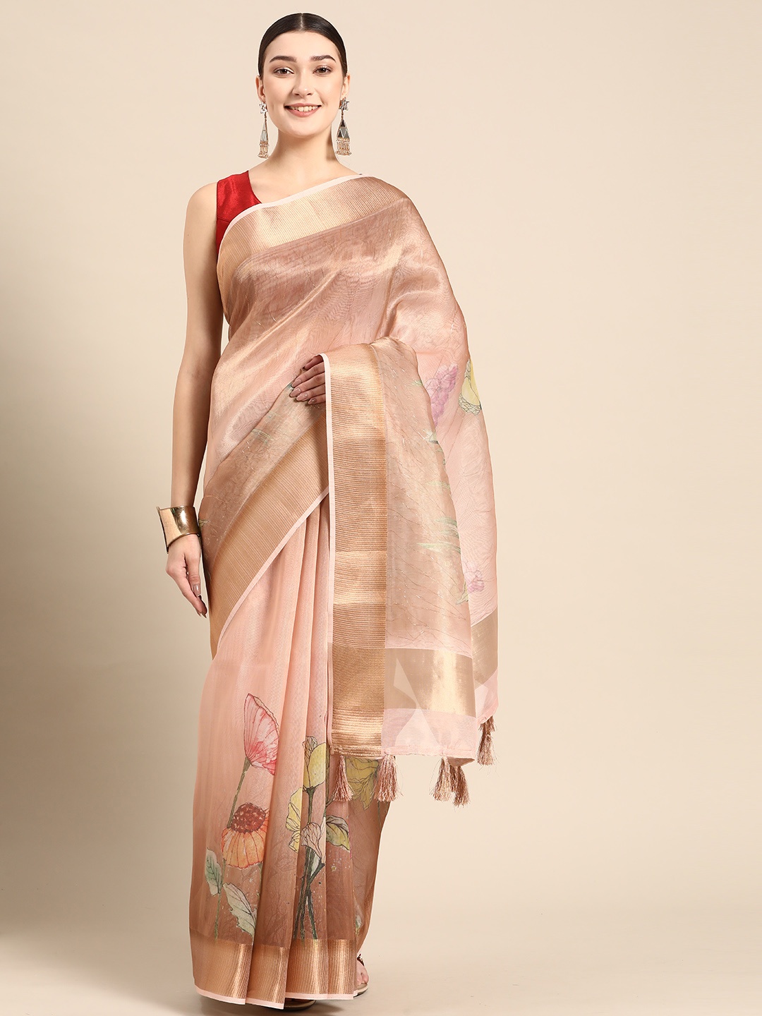 

ZARI Floral Printed Pure Silk Saree, Brown