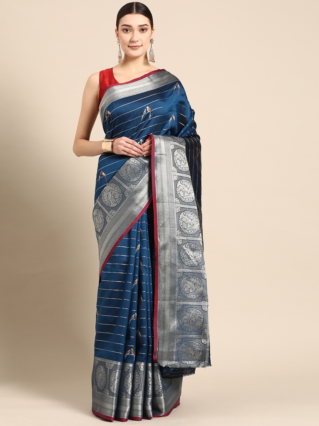 

ZARI Woven Design Striped Zari Art Silk Saree, Blue