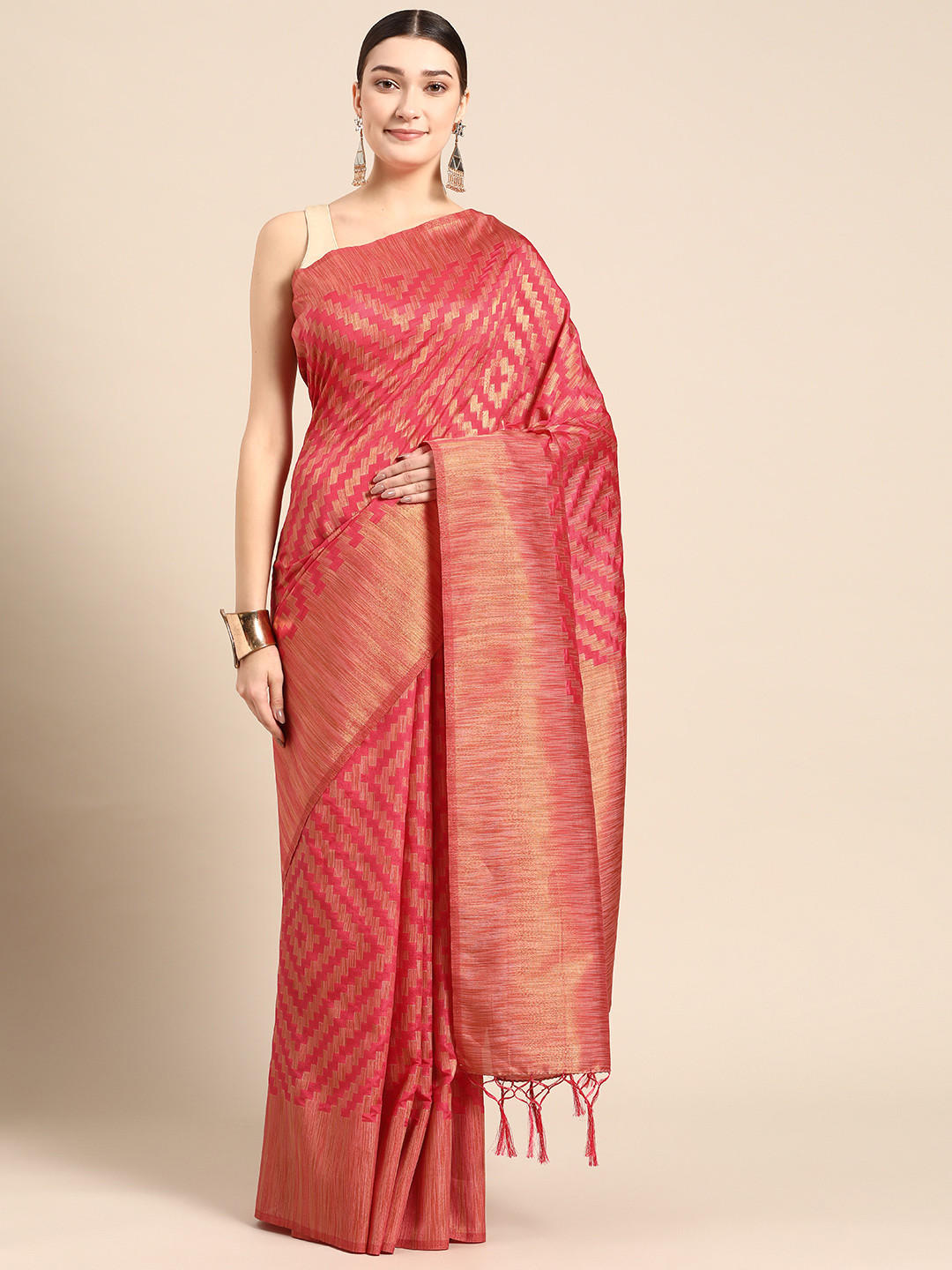 

ZARI Woven Design Art Silk Saree, Pink