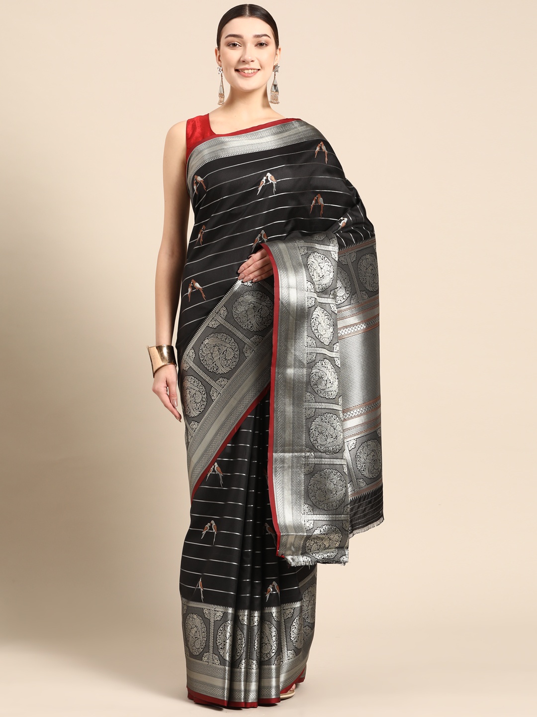 

ZARI Woven Design Striped Zari Art Silk Saree, Black