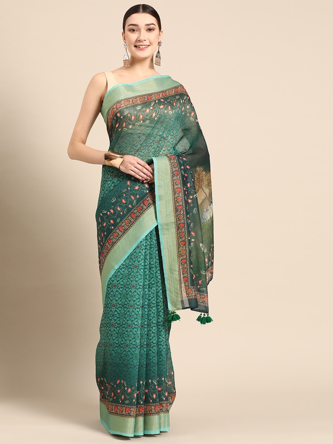 

ZARI Green & Red Floral Pure Linen Block Print Saree