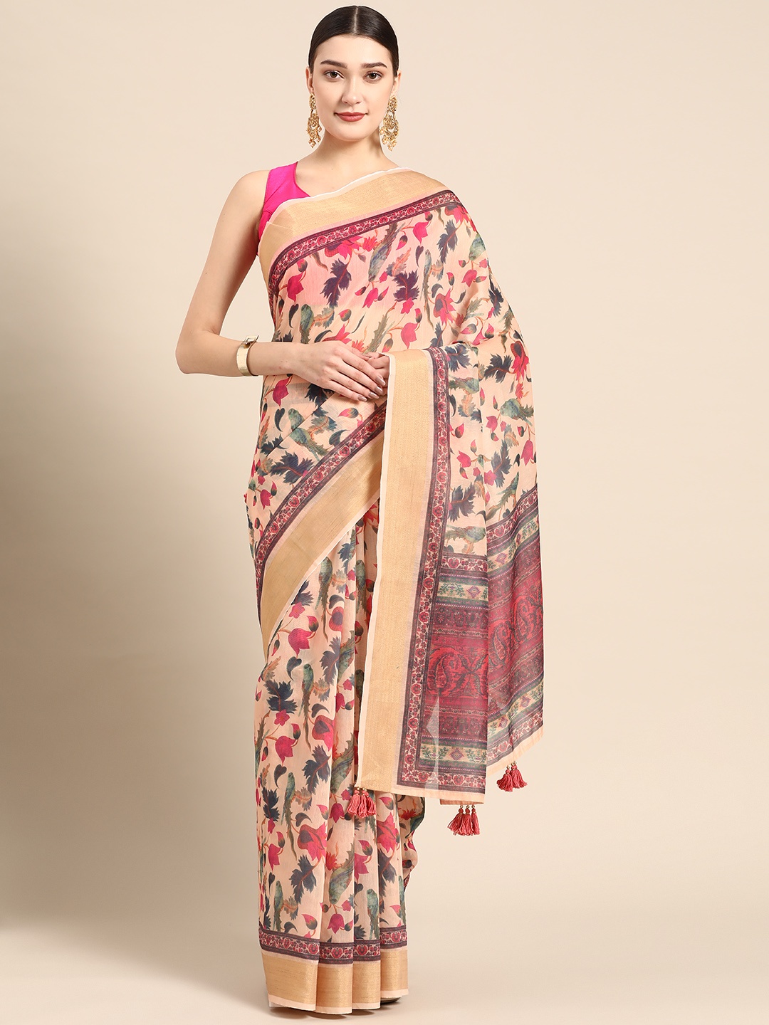 

ZARI Peach-Coloured & Navy Blue Floral Linen Blend Saree