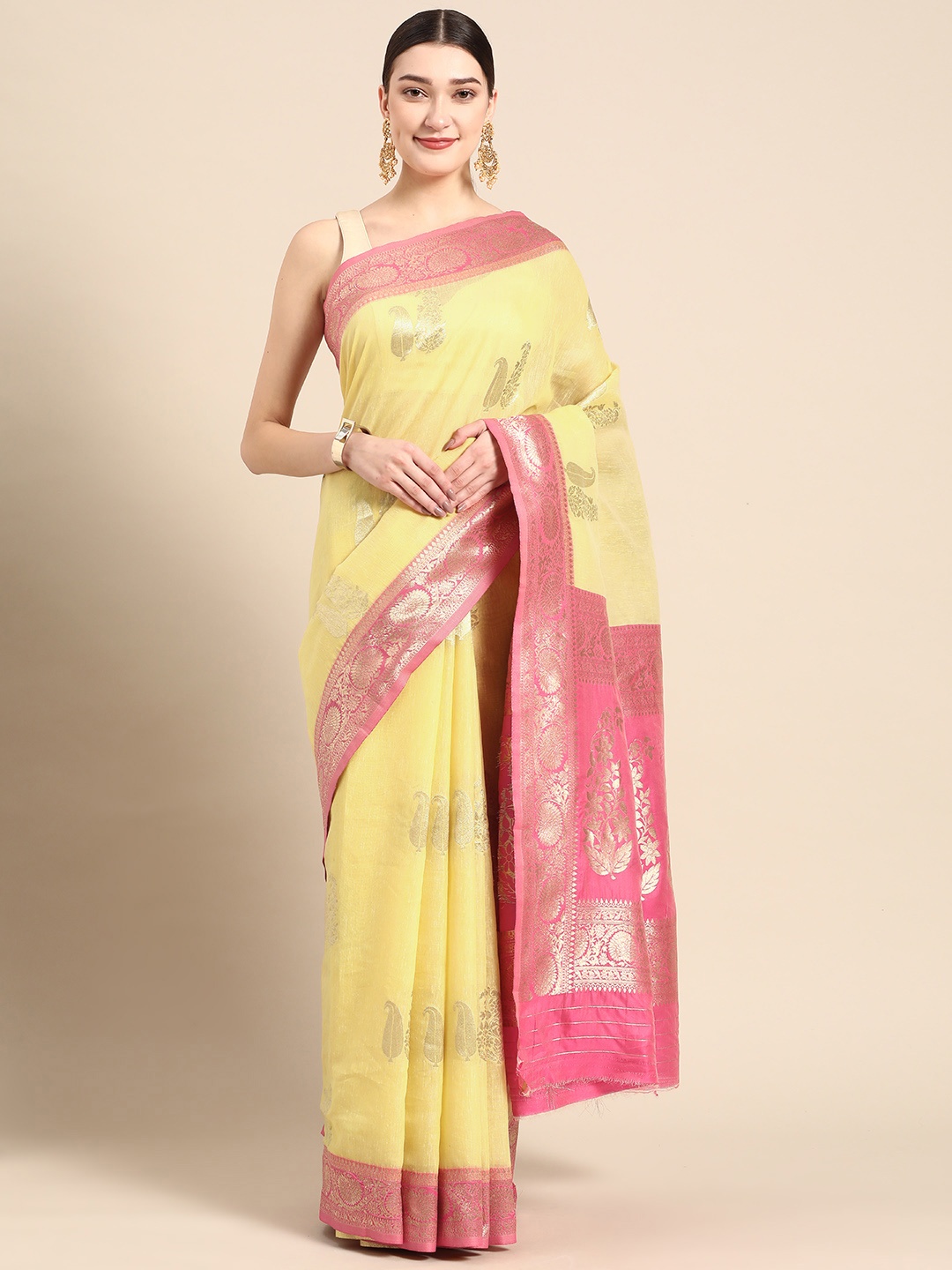 

ZARI Yellow & Pink Ethnic Motifs Zari Silk Blend Saree