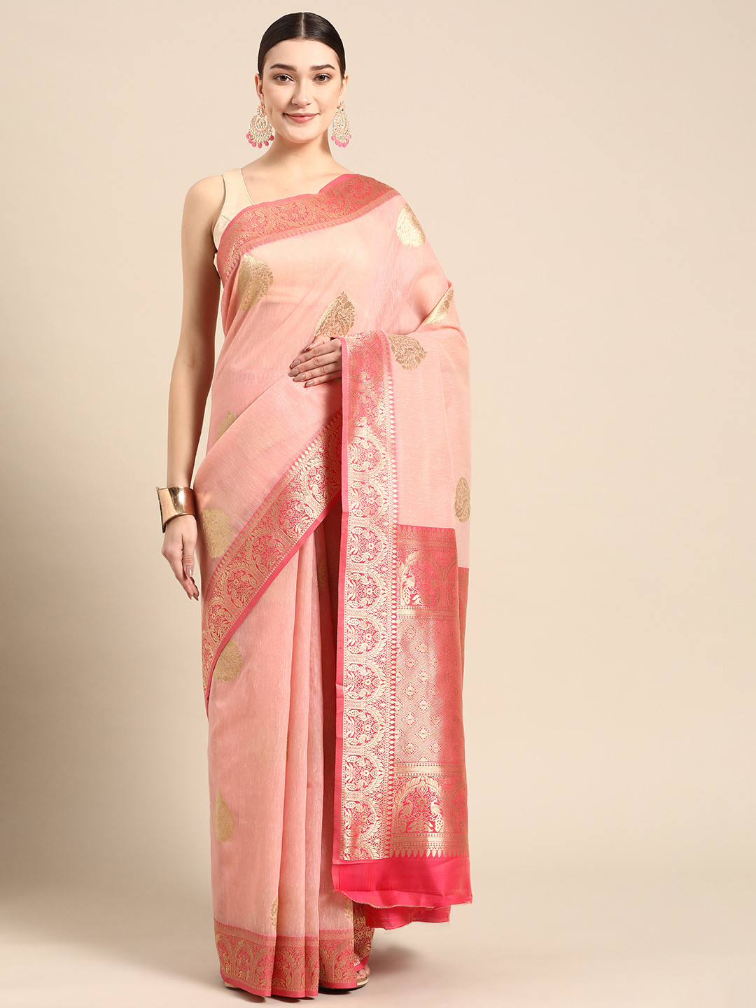 

ZARI Pink & Gold-Toned Ethnic Motifs Zari Silk Blend Saree