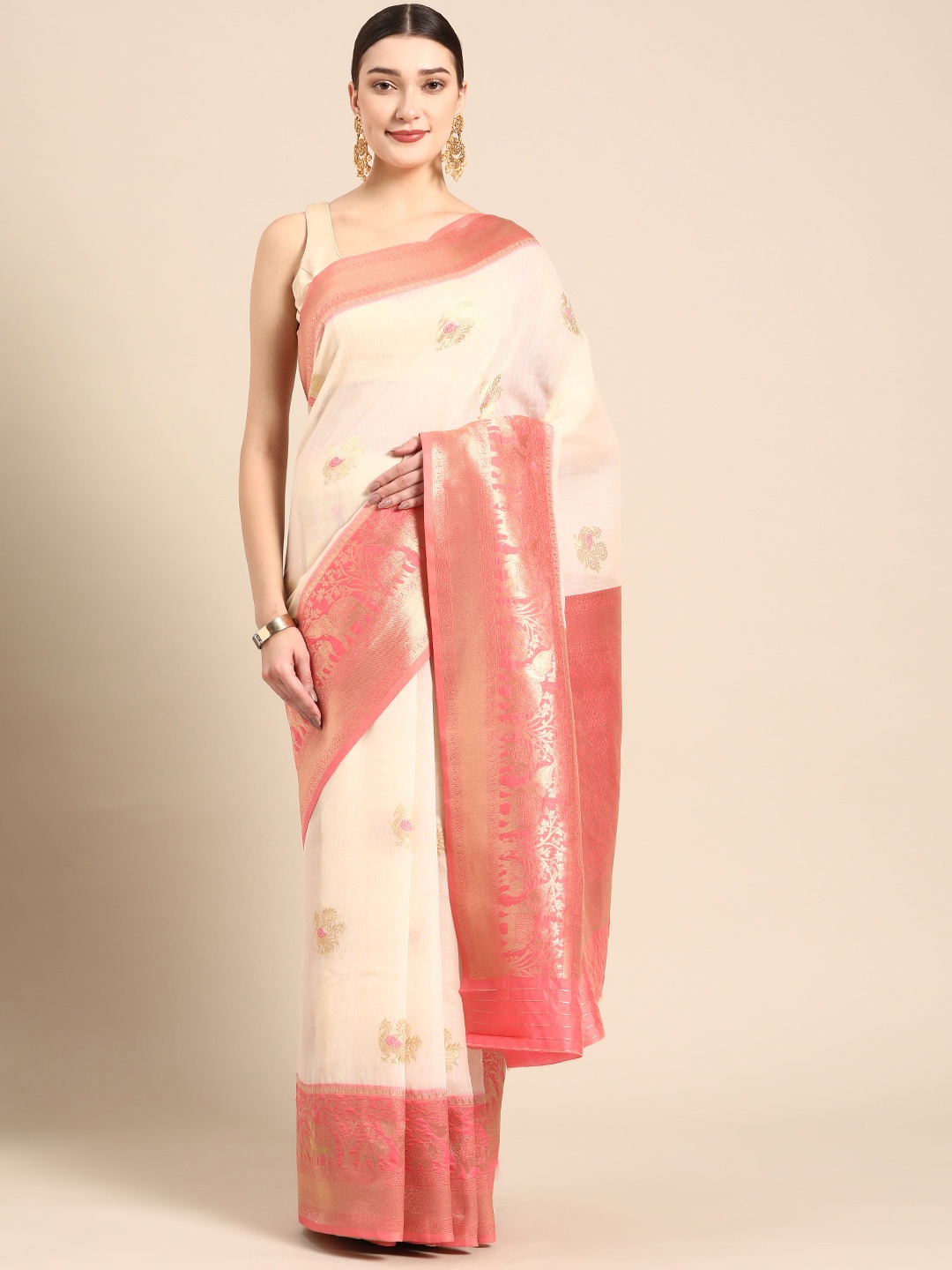 

ZARI Off White & Red Ethnic Motifs Zari Silk Blend Saree