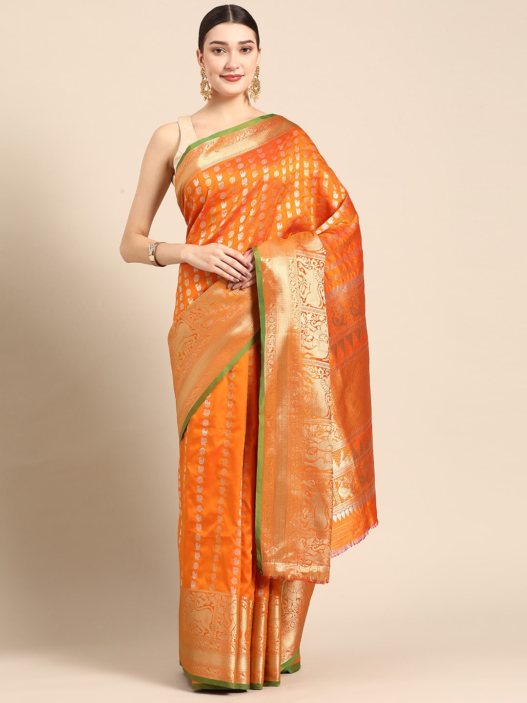 

ZARI Orange & Gold-Toned Ethnic Motifs Zari Art Silk Saree