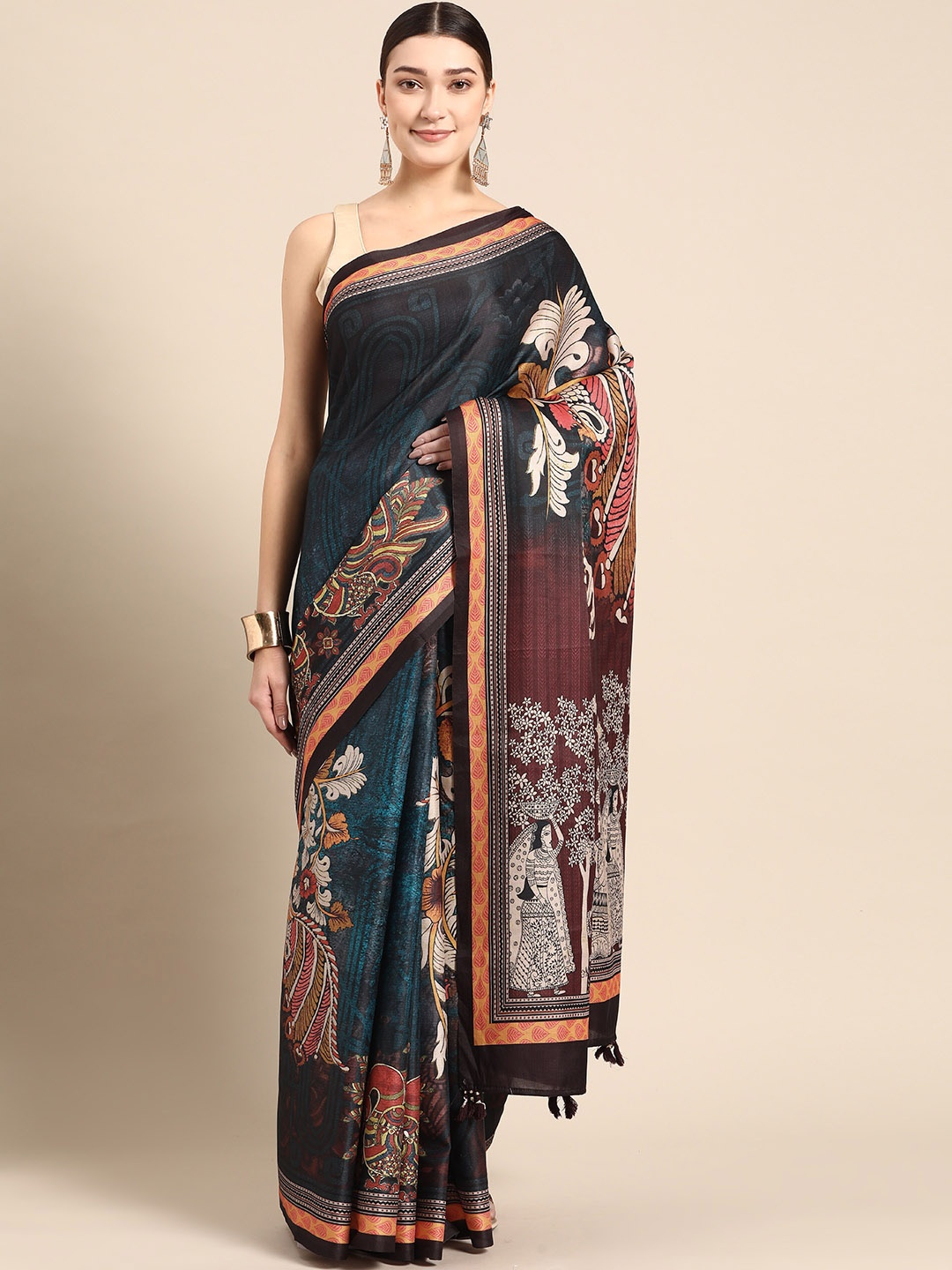 

ZARI Teal & Brown Pure Silk Block Print Saree