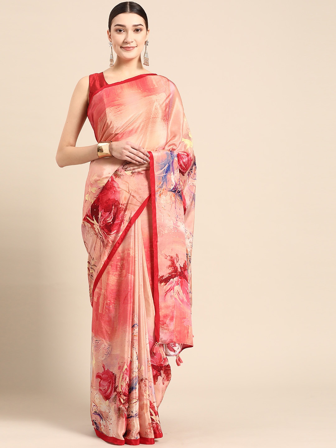 

ZARI Floral Printed Pure Silk Saree, Peach