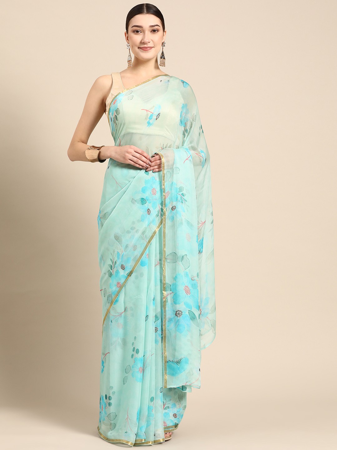 

ZARI Floral Printed Gotta Patti Art Silk Saree, Blue