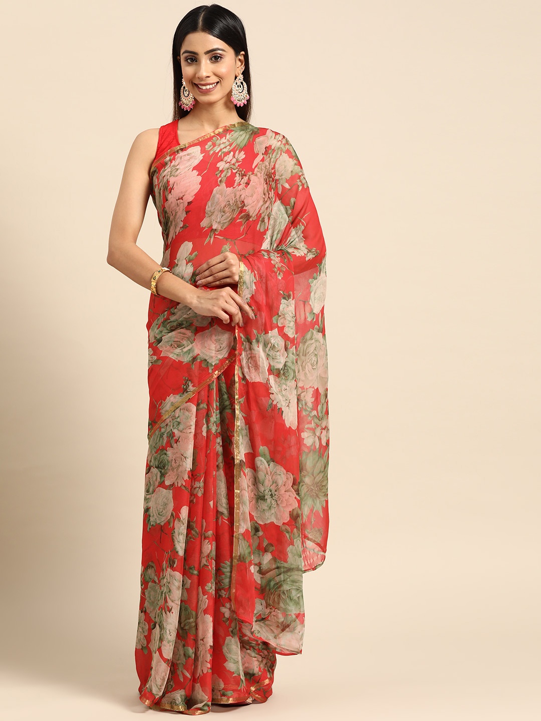 

ZARI Floral Printed Zari Art Silk Saree, Red