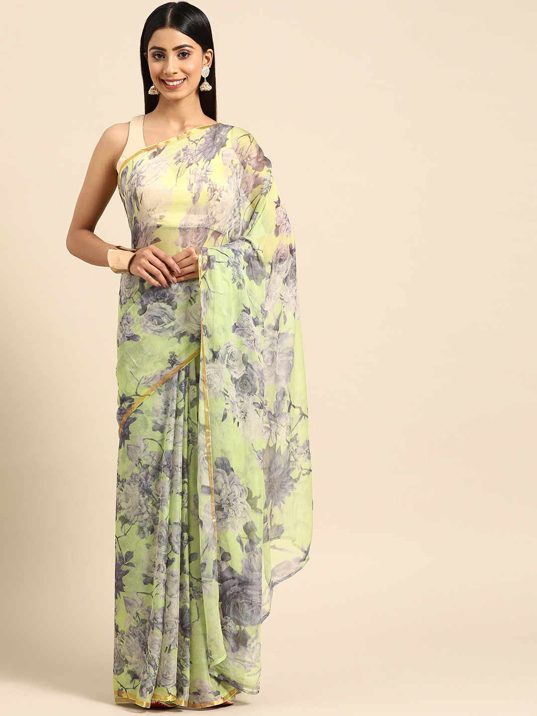 

ZARI Floral Printed Zari Art Silk Saree, Green