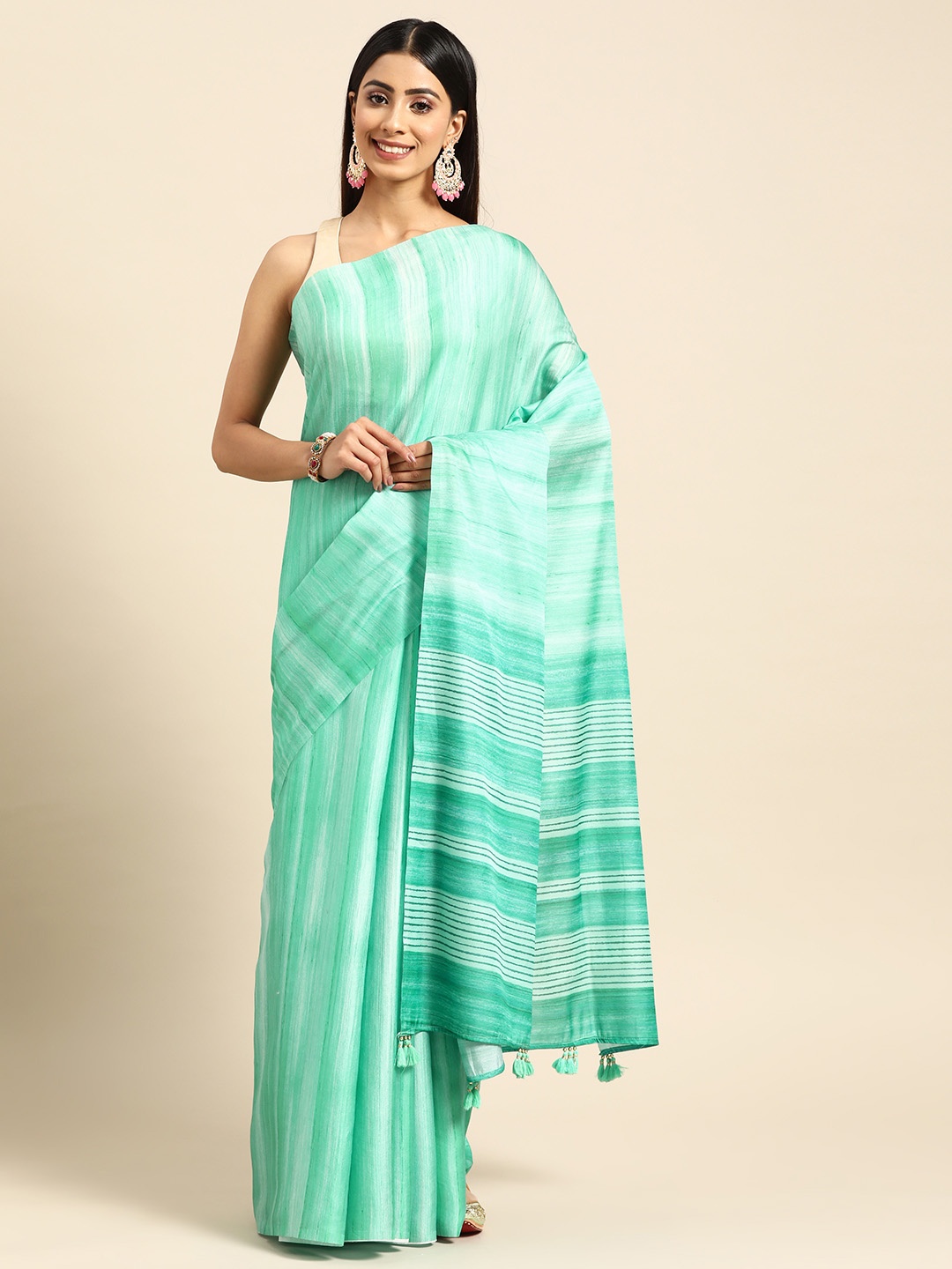 

ZARI Striped Pure Silk Saree, Green