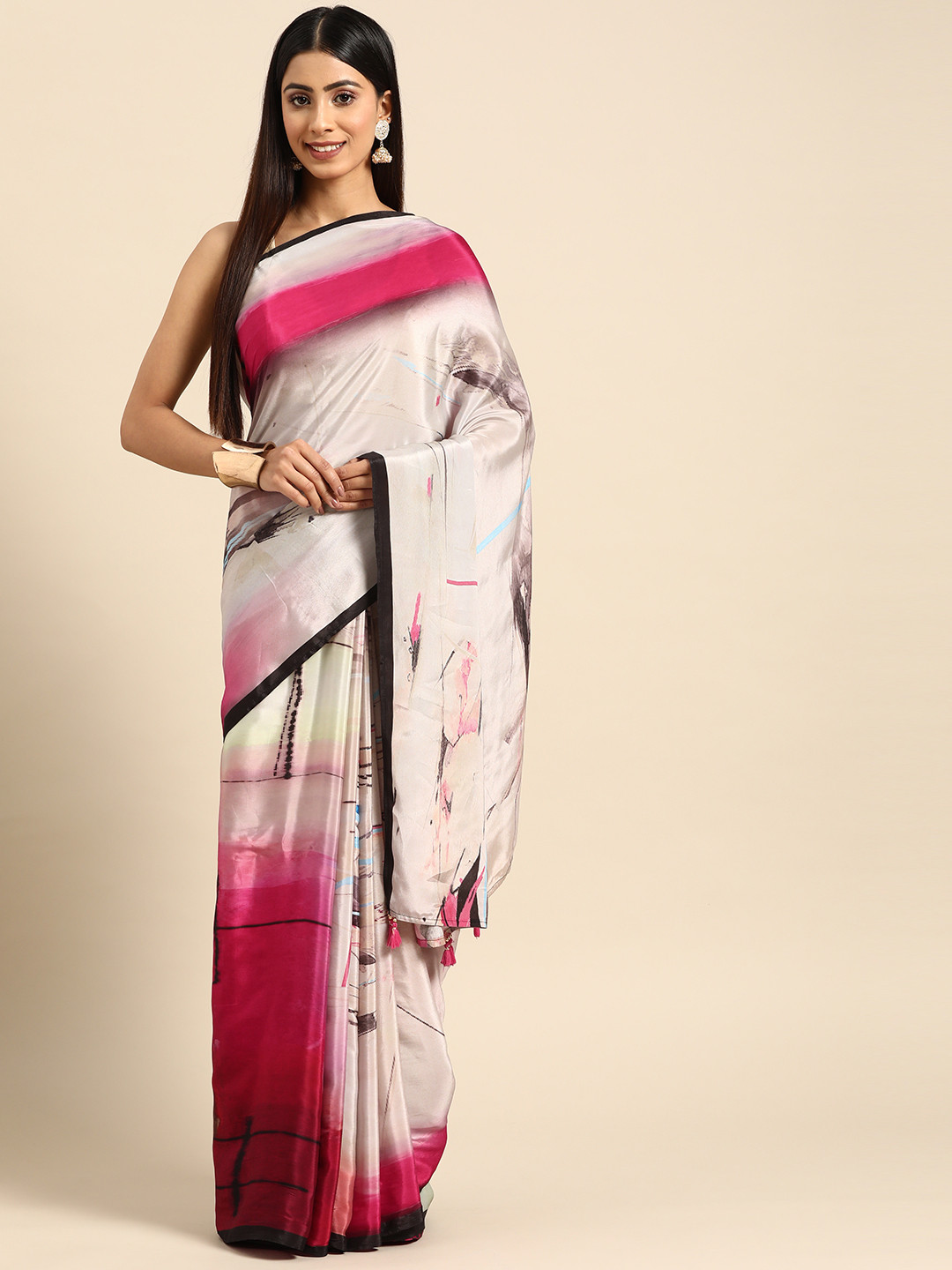 

ZARI Beige & Pink Pure Silk Block Print Saree