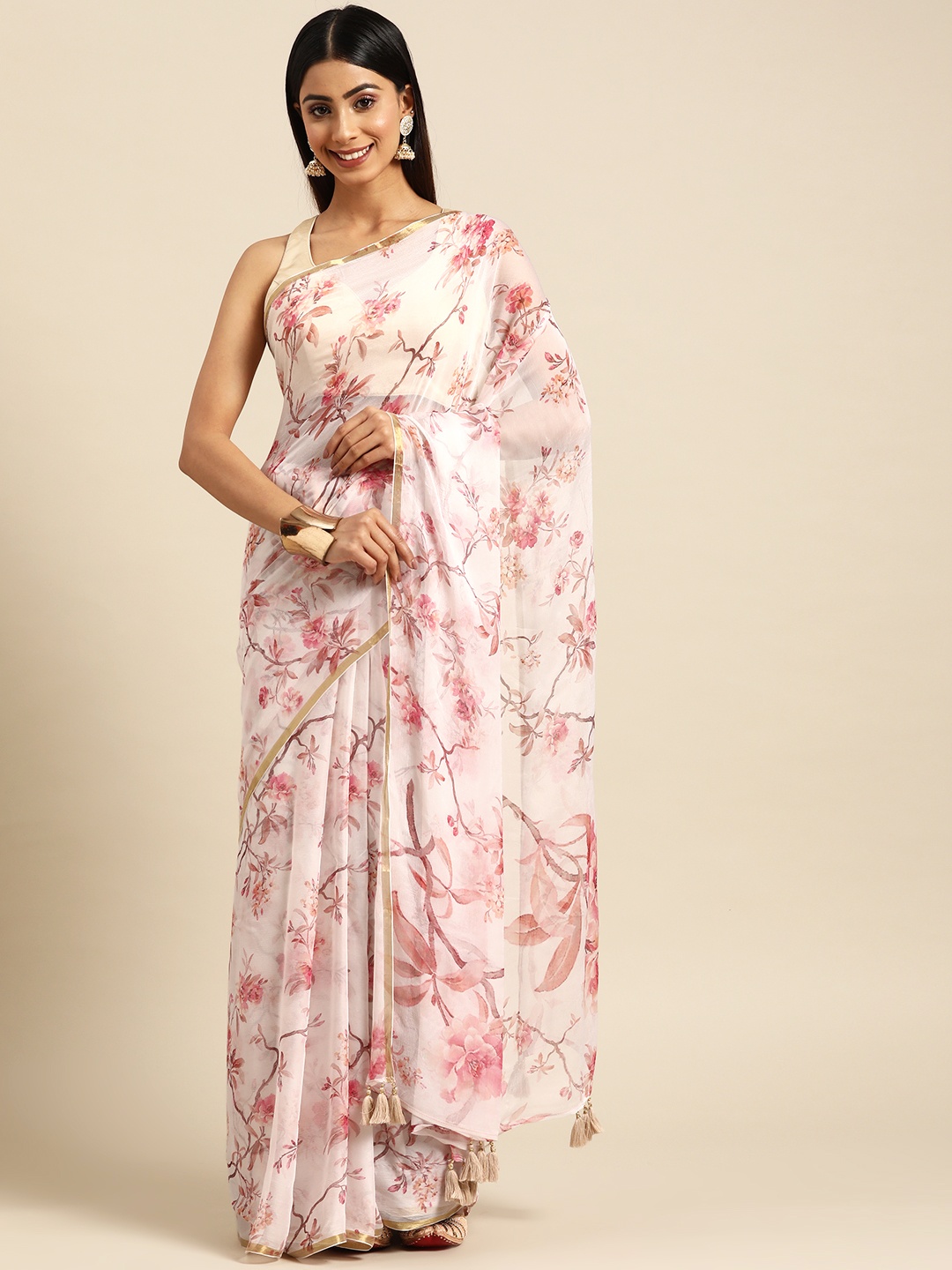 

ZARI Floral Printed Zari Art Silk Saree, Cream