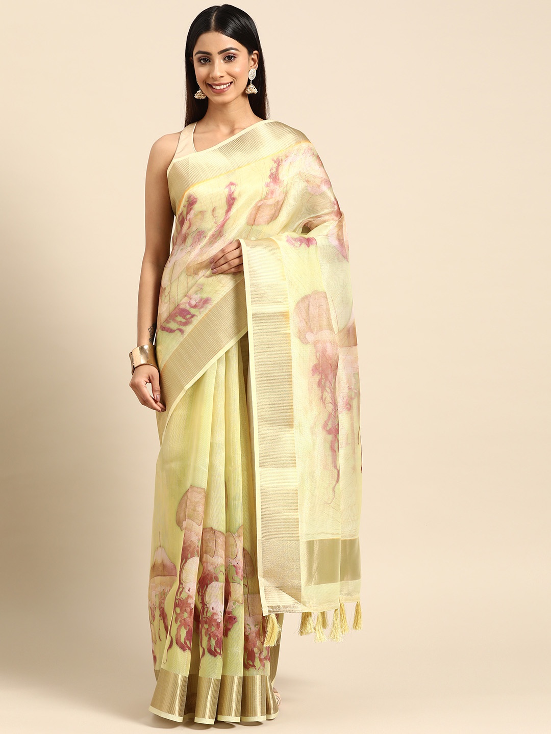 

ZARI Printed Pure Silk Saree, Green