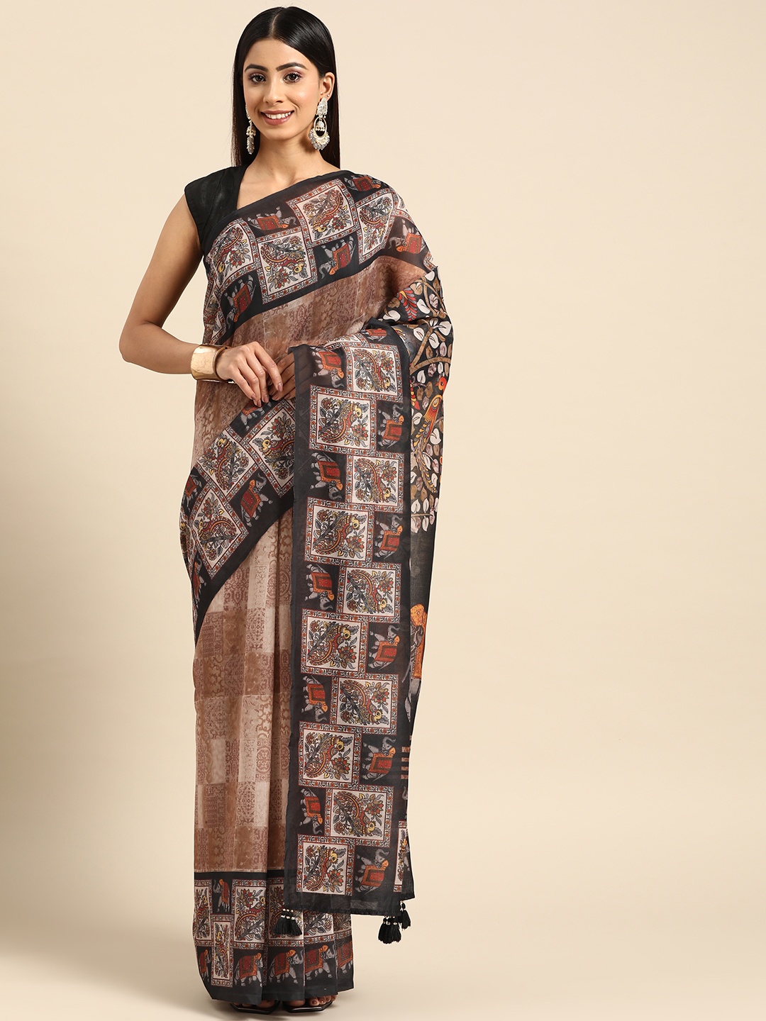 

ZARI Ethnic Motifs Printed Pure Cotton Saree, Brown
