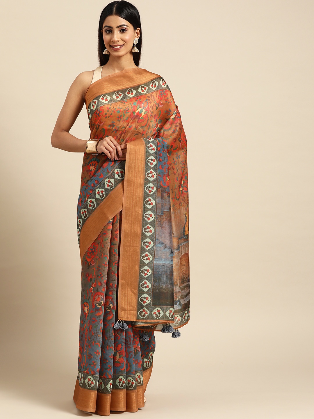 

ZARI Floral Printed Pure Silk Saree, Gold