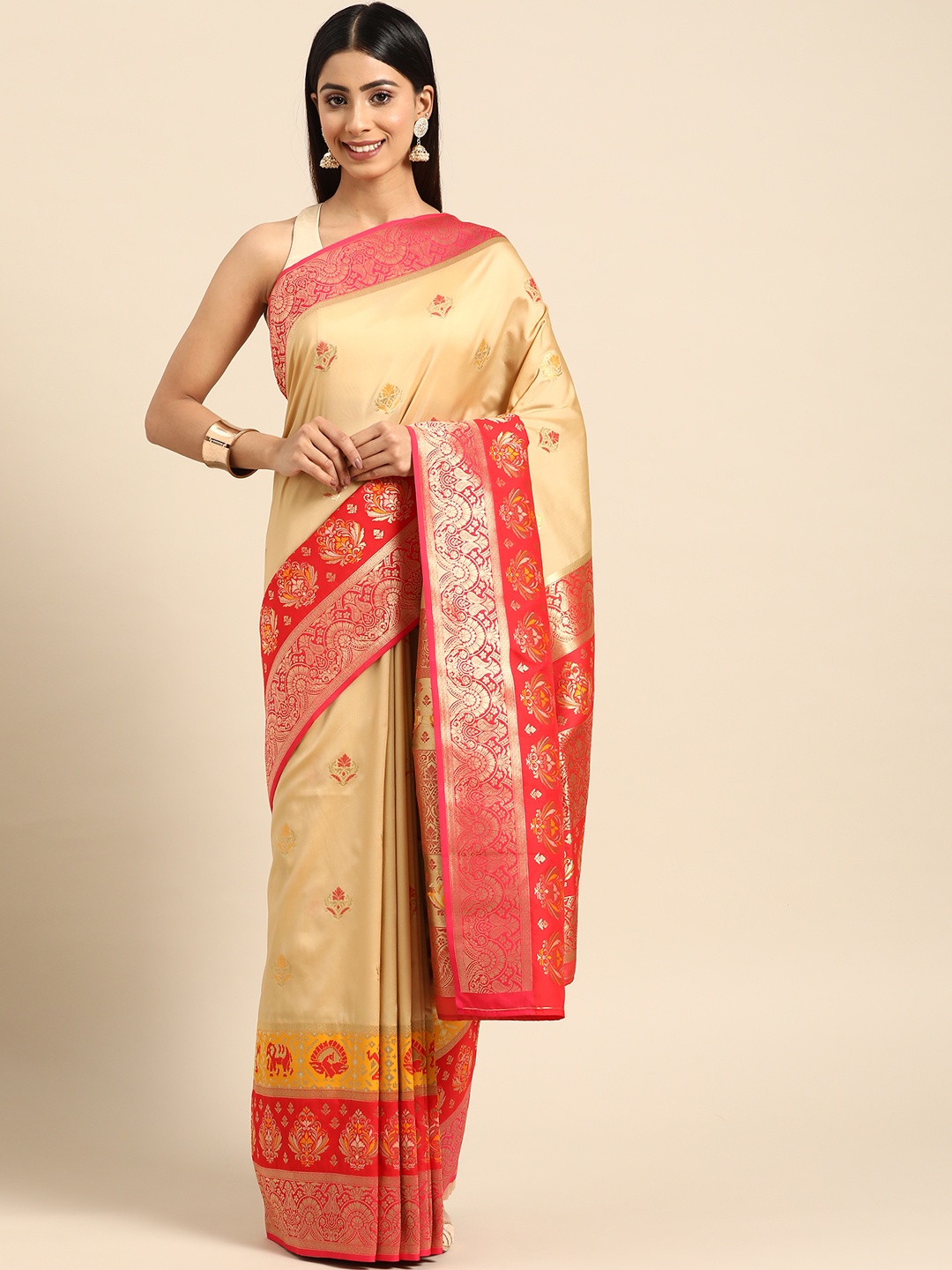 

ZARI Woven Design Ethnic Motifs Art Silk Saree, Cream
