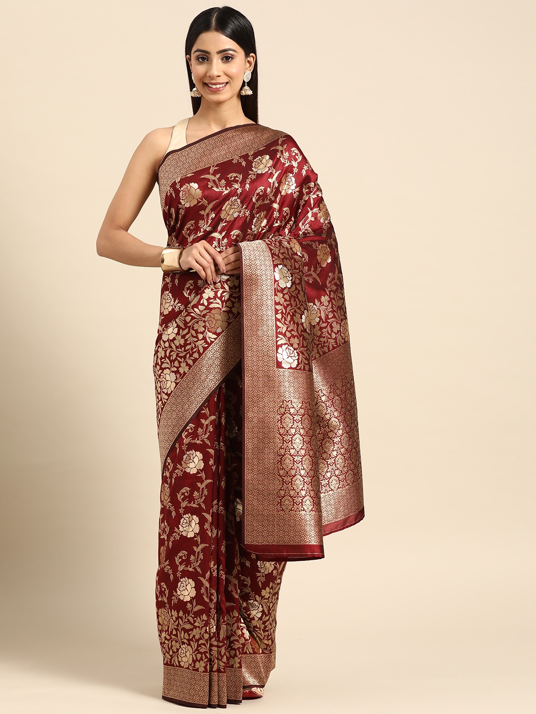 

ZARI Woven Design Floral Art Silk Saree, Maroon