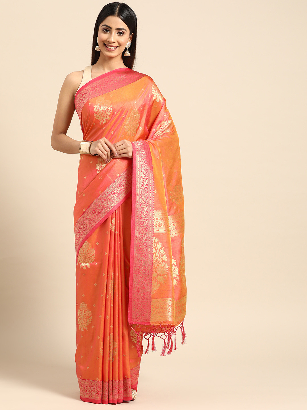 

ZARI Woven Design Ethnic Motifs Pure Silk Block Print Saree, Peach