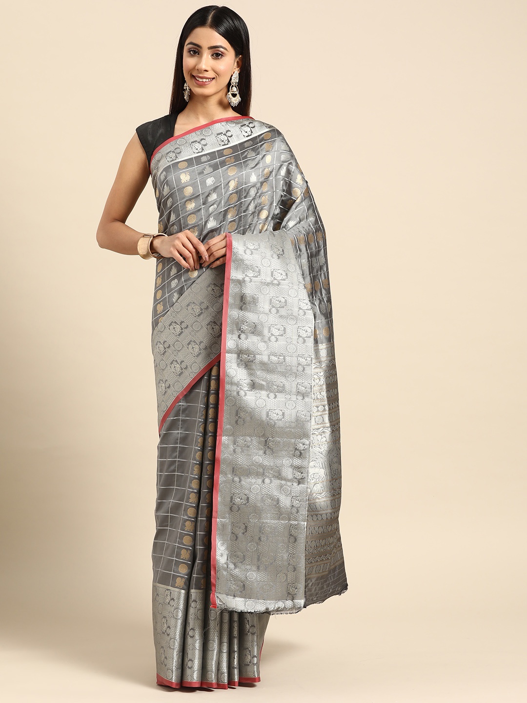 

ZARI Woven Design Ethnic Motifs Zari Art Silk Saree, Grey