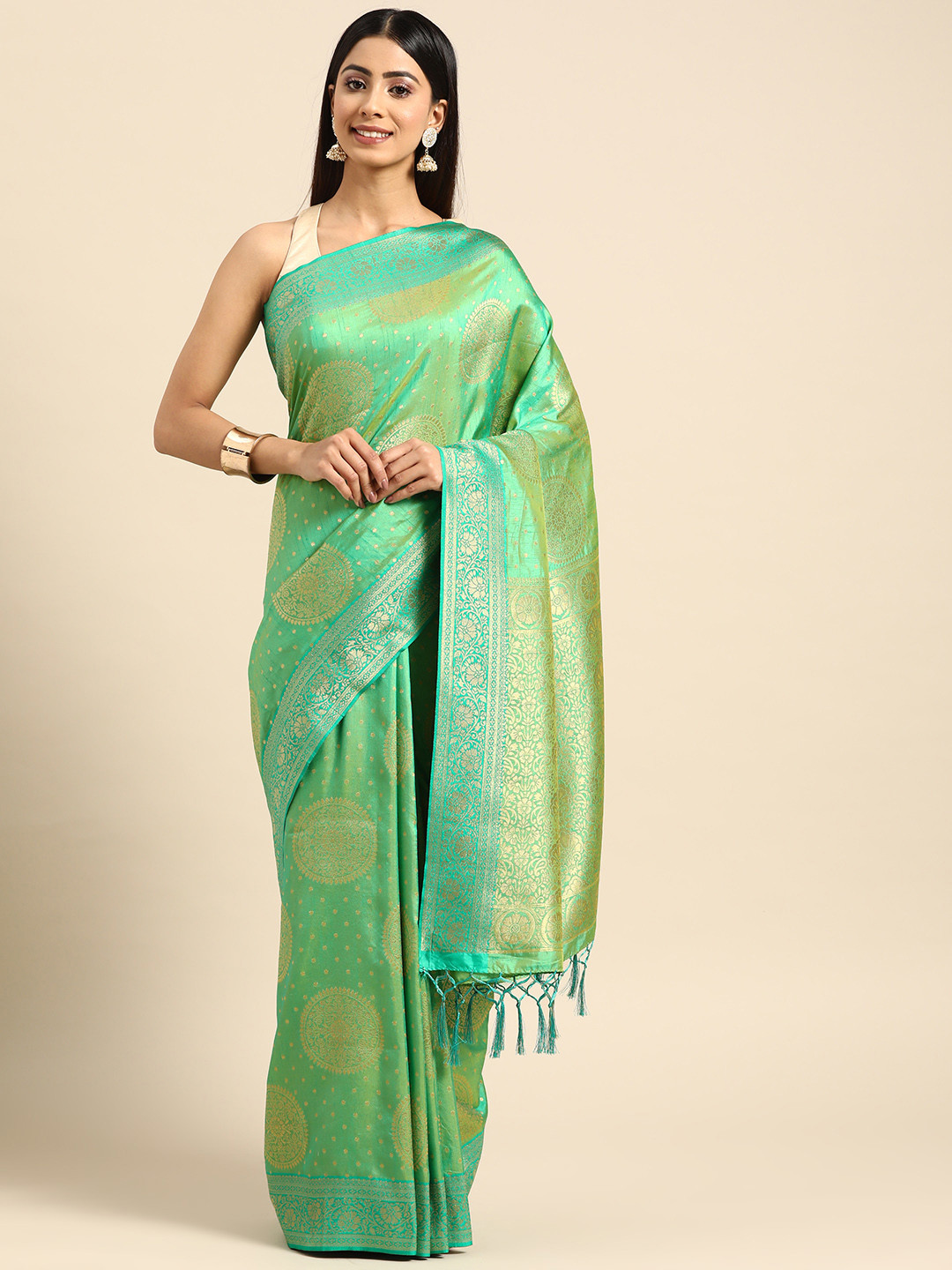 

ZARI Woven Design Ethnic Motifs Pure Silk Saree, Green