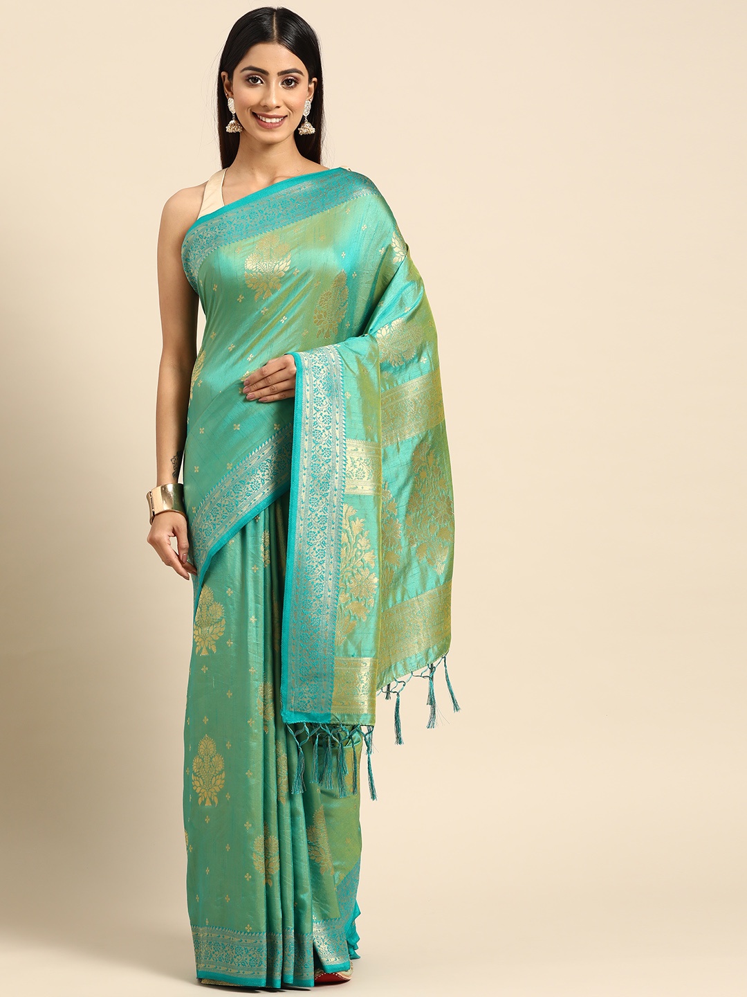 

ZARI Ethnic Motifs Zari Pure Silk Saree, Green