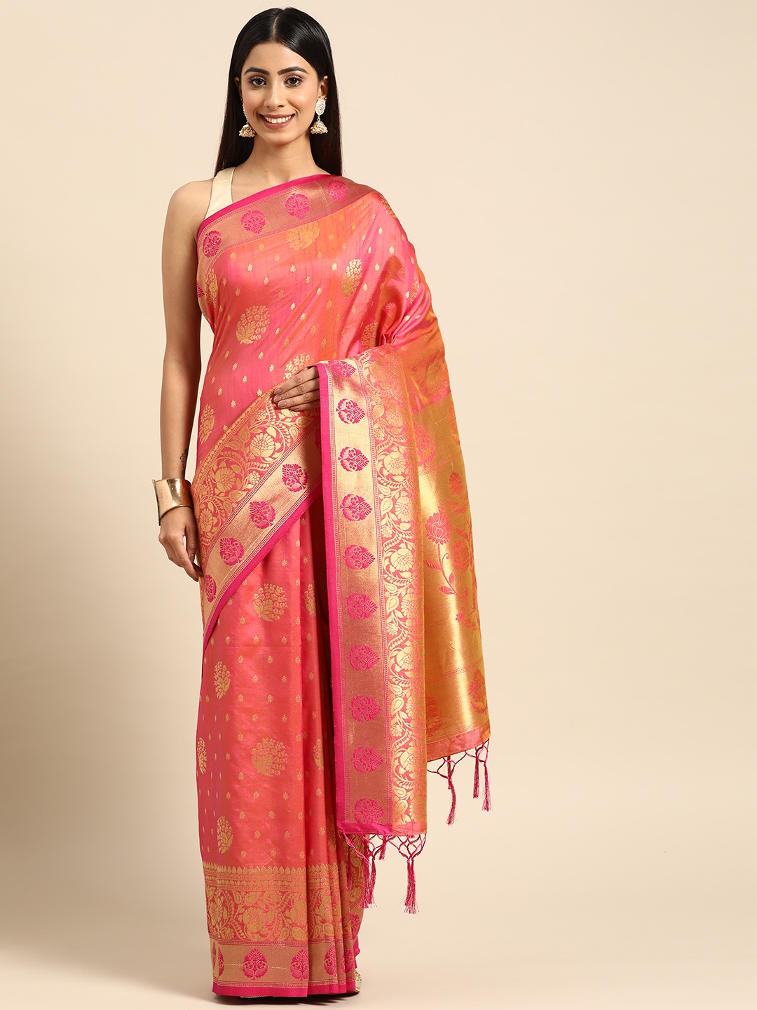 

ZARI Ethnic Motifs Zari Pure Silk Saree, Pink