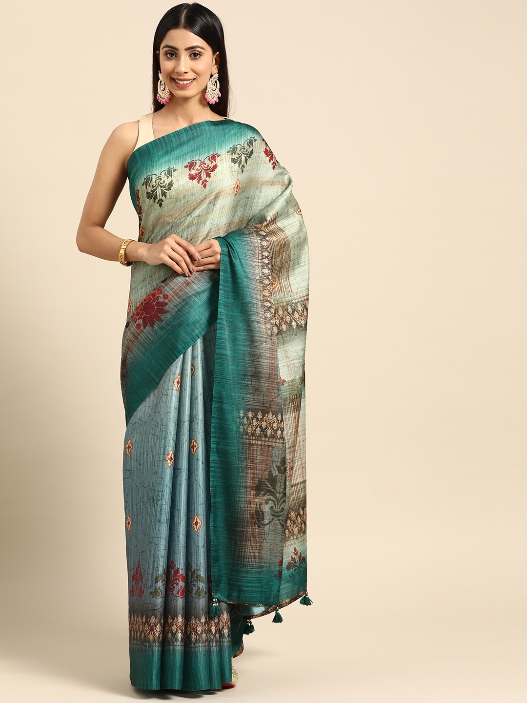 

ZARI Green Ethnic Motifs Pure Silk Block Print Saree