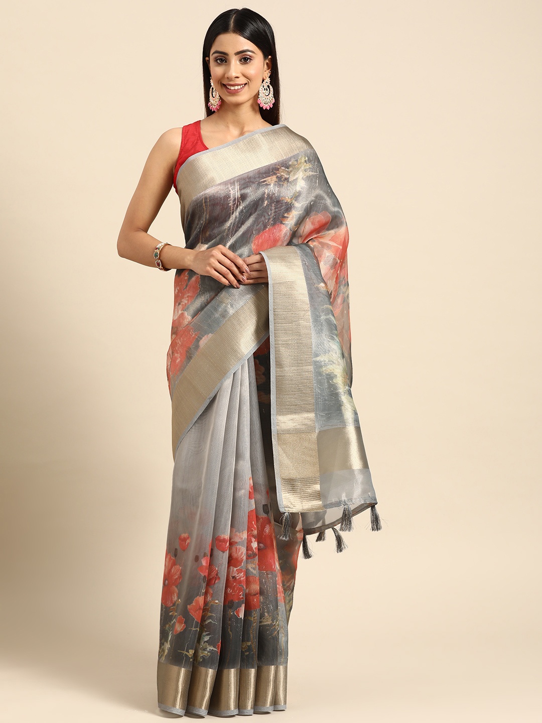 

ZARI Grey & Gold-Toned Floral Zari Organza Block Print Saree