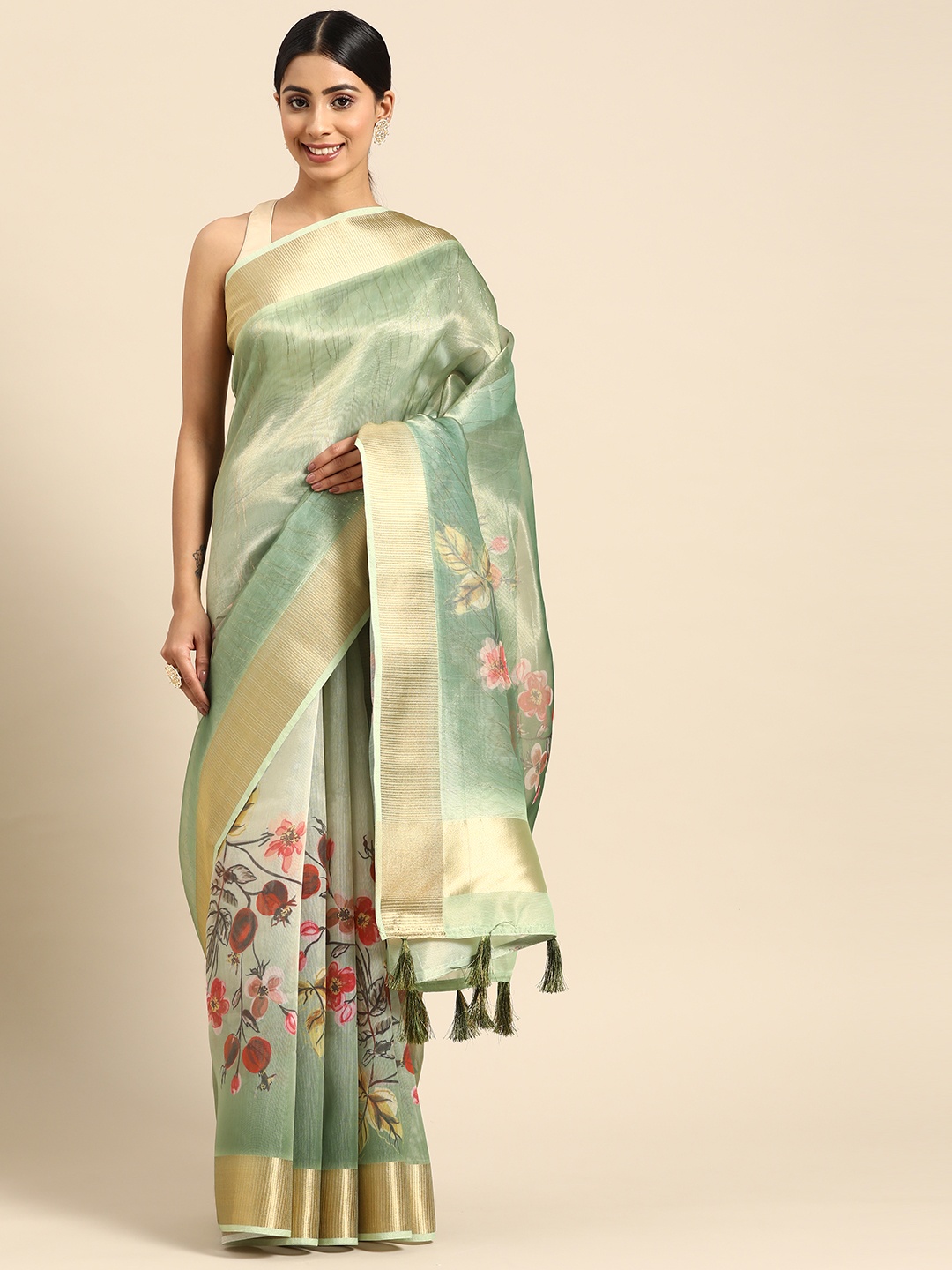 

ZARI Green & Gold-Toned Floral Zari Pure Silk Block Print Saree