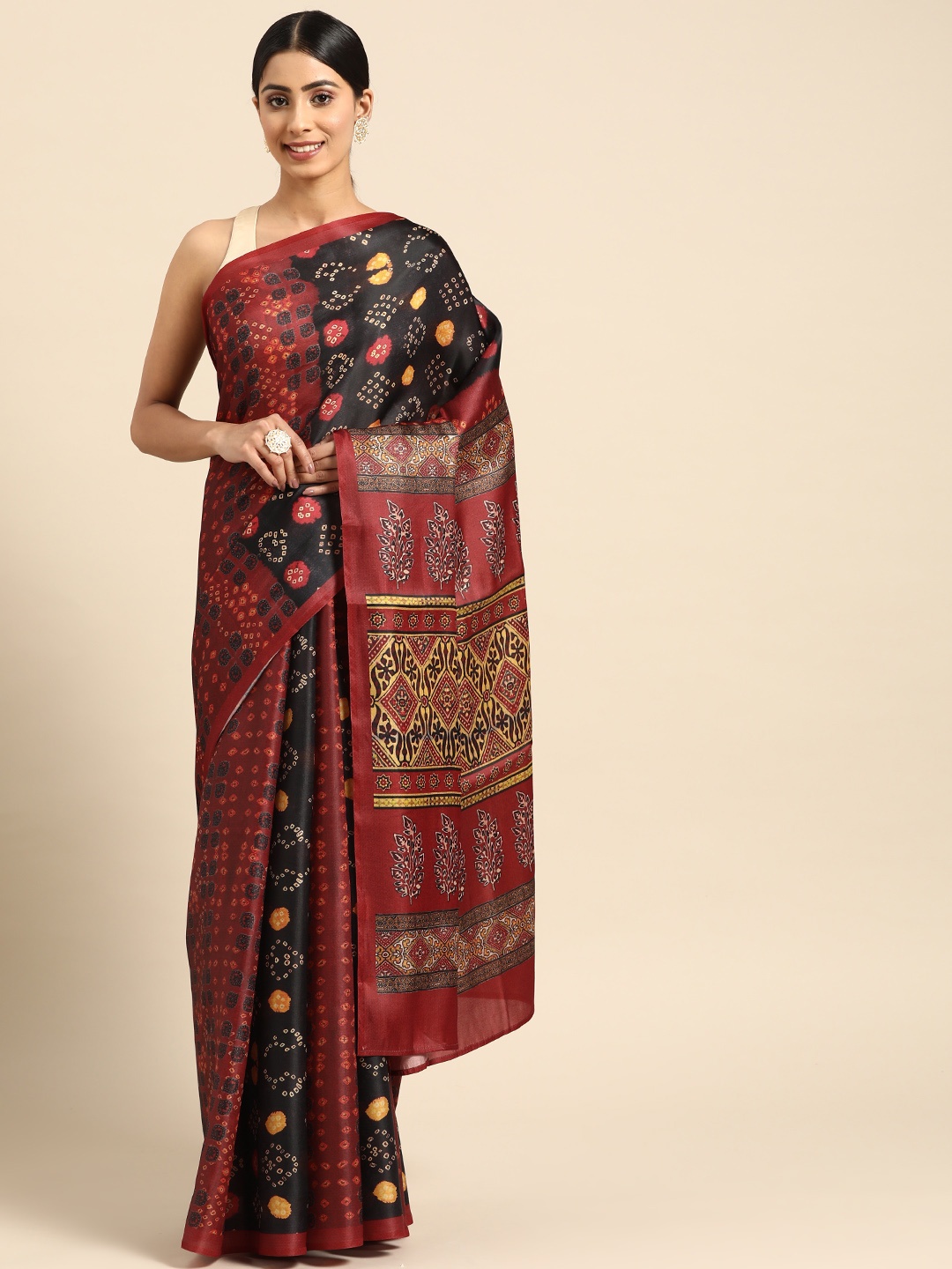 

ZARI Black & Maroon Bandhani Pure Silk Block Print Saree